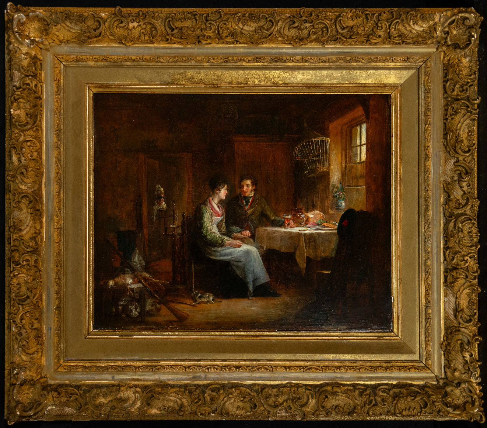 Oil on panel painting of characters in a romantic interior, English school, 19th century (1 of 5)