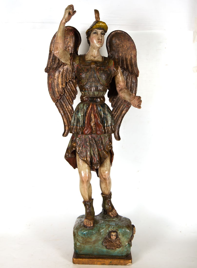 Archangel Saint Michael, Cuzco Colonial school of the 19th century: In polychrome wood. Total measurements: 88 x 34 x 25 cm