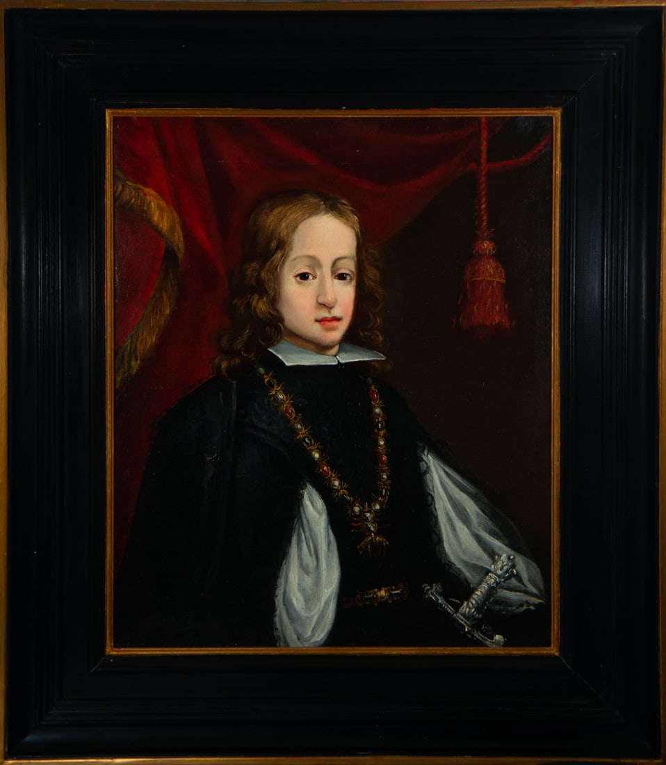 Portrait of Charles II of Spain, called "the Bewitched", Spanish school from the end of the 17th: Oil on canvas, framed measurements: 102 x 89, canvas measurements: 73 x 60 cm