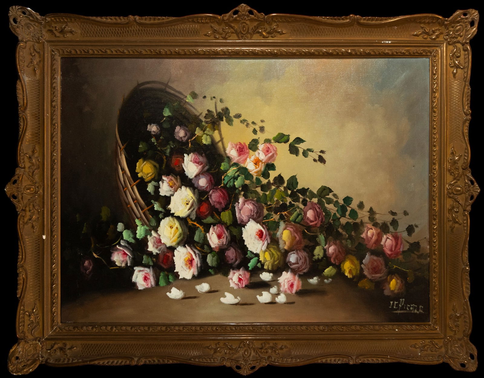 Still life with a basket of flowers from the 20th century, signed in the lower left corner (1 of 5)