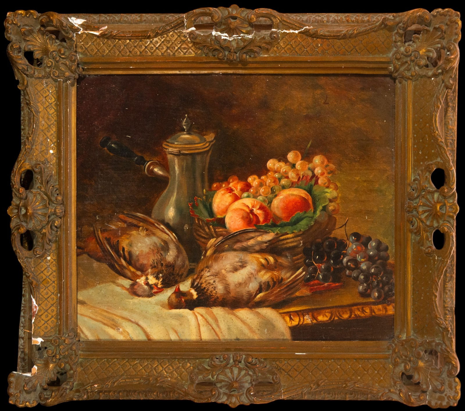Oil on canvas painting of a still life of fruit and game, early 20th century (1 of 7)