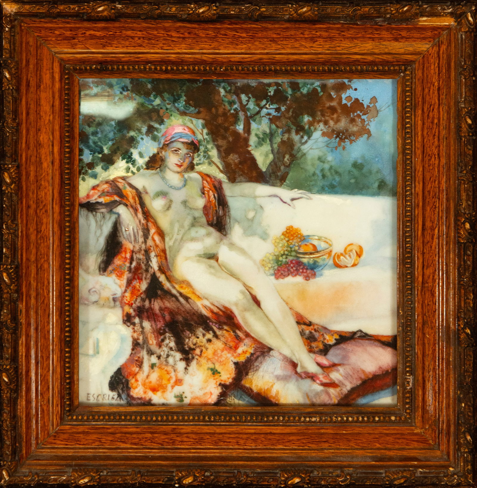 Female nude with still life of fruit on alabaster, signed Escribá: Oil on canvas. Measurements: 20 cm x 18 cm and 27 cm x 25 cm