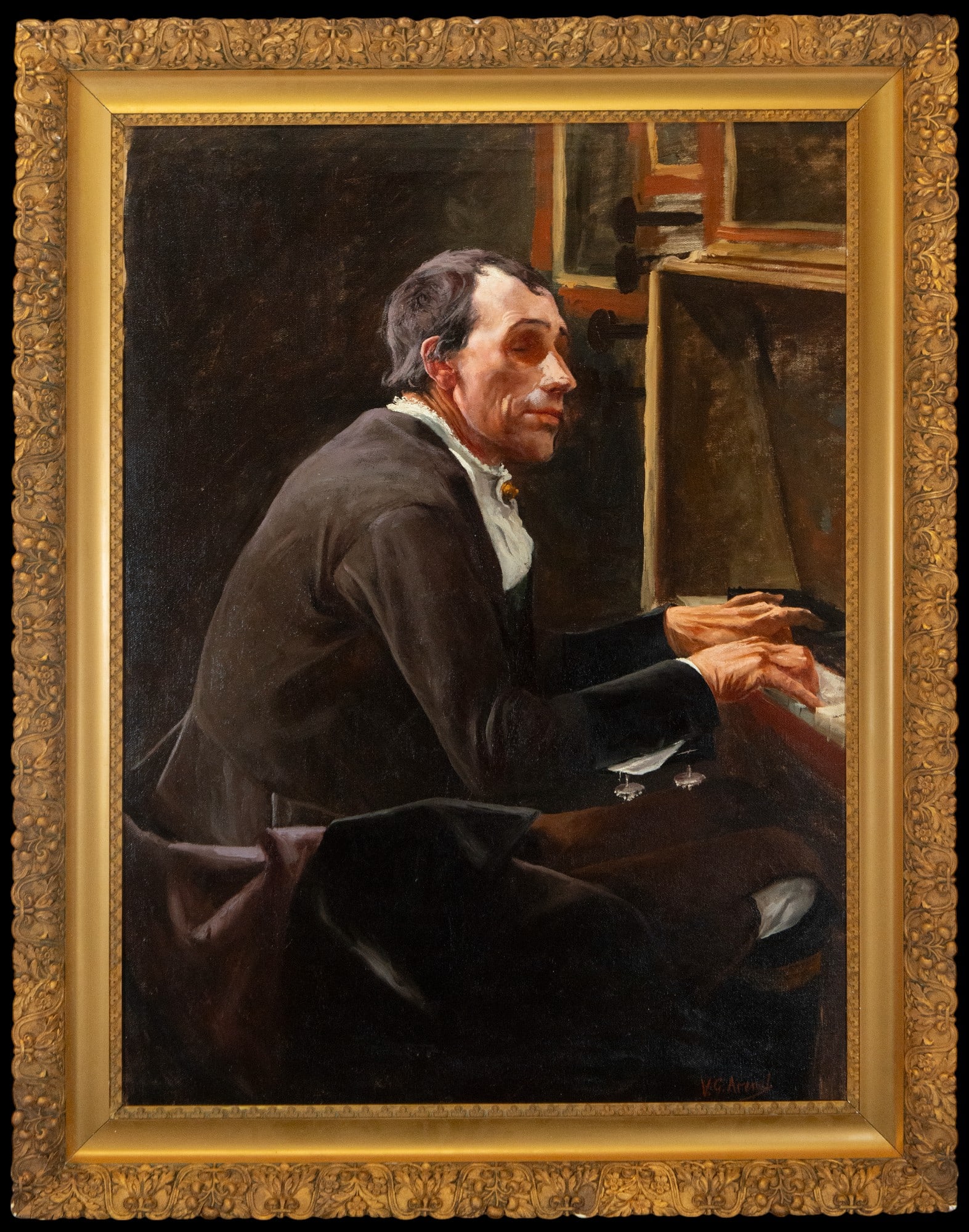 Playing the Organ, Vidal González Arenal, 19th century Spanish school: Oil on canvas. Measurements: 95 cm x 70 cm and 112 cm x 87 cm
