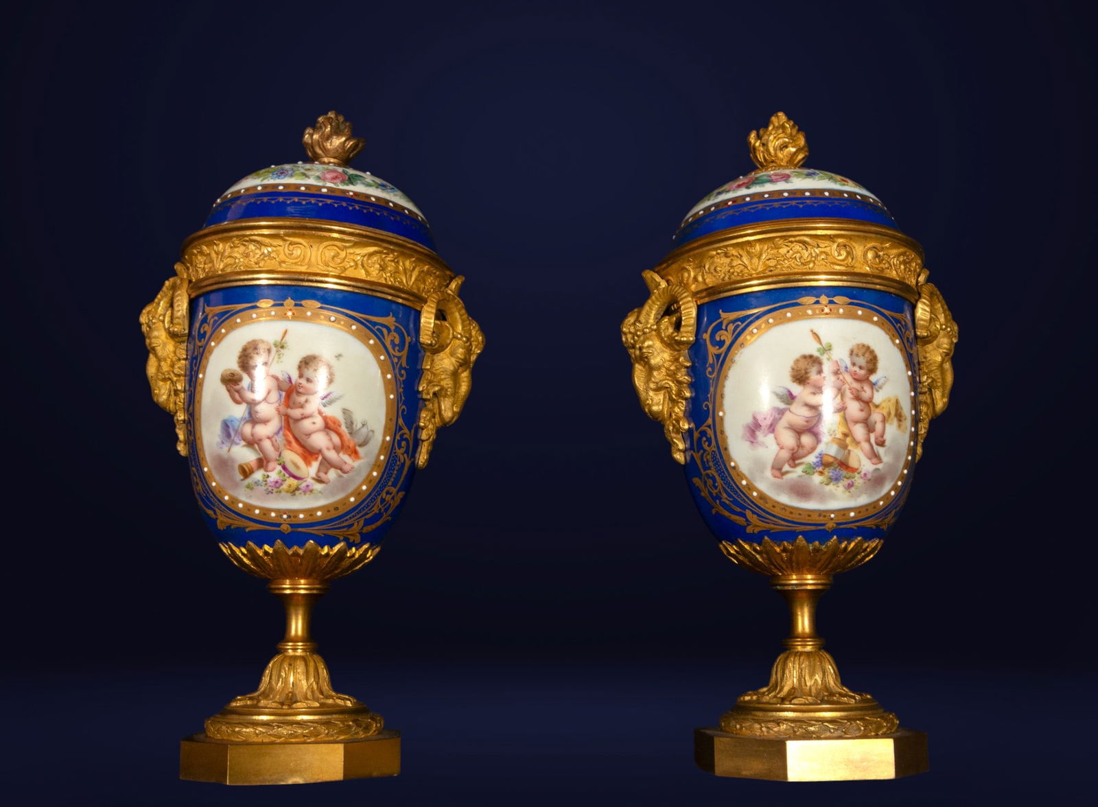 Pair of 19th-century French Sevres Bleu Royale vases, bronze mounts, France: Porcelain. Measurements: 30 cm x 12 cm x 14 cm