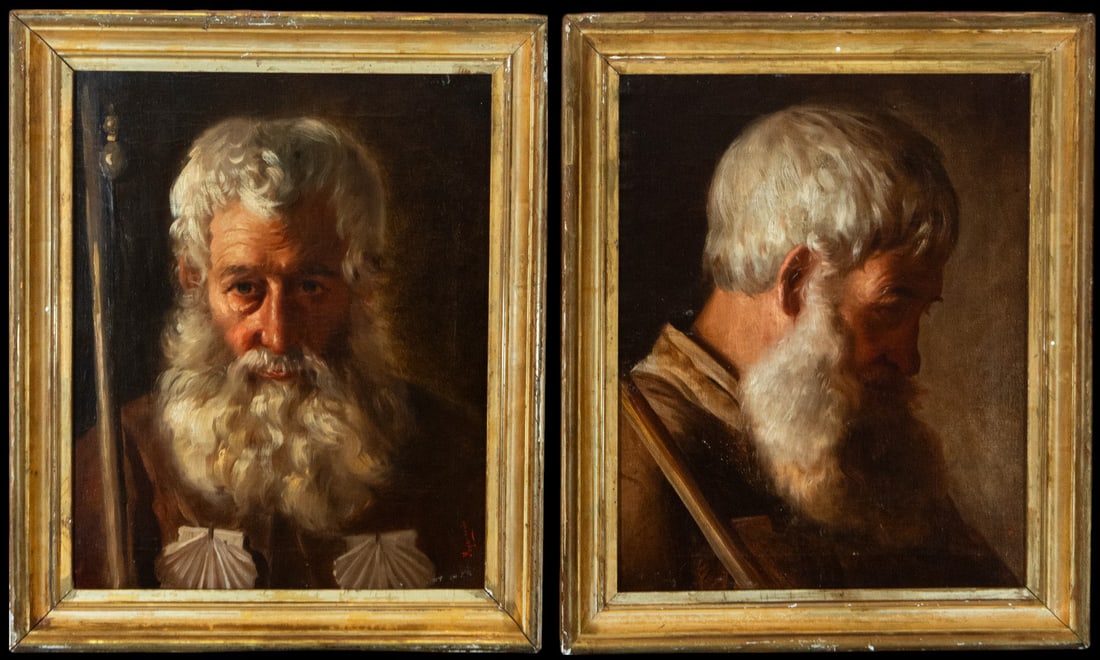 MARIANO YZQUIERDO Y VIVAS (Port-au-Prince, Cuba, 1893 - Madrid, 1985) Cuban school: Pair of apostles, oil on canvas. Dimensions: 47 cm x 37 cm and 55 cm x 45 cm
