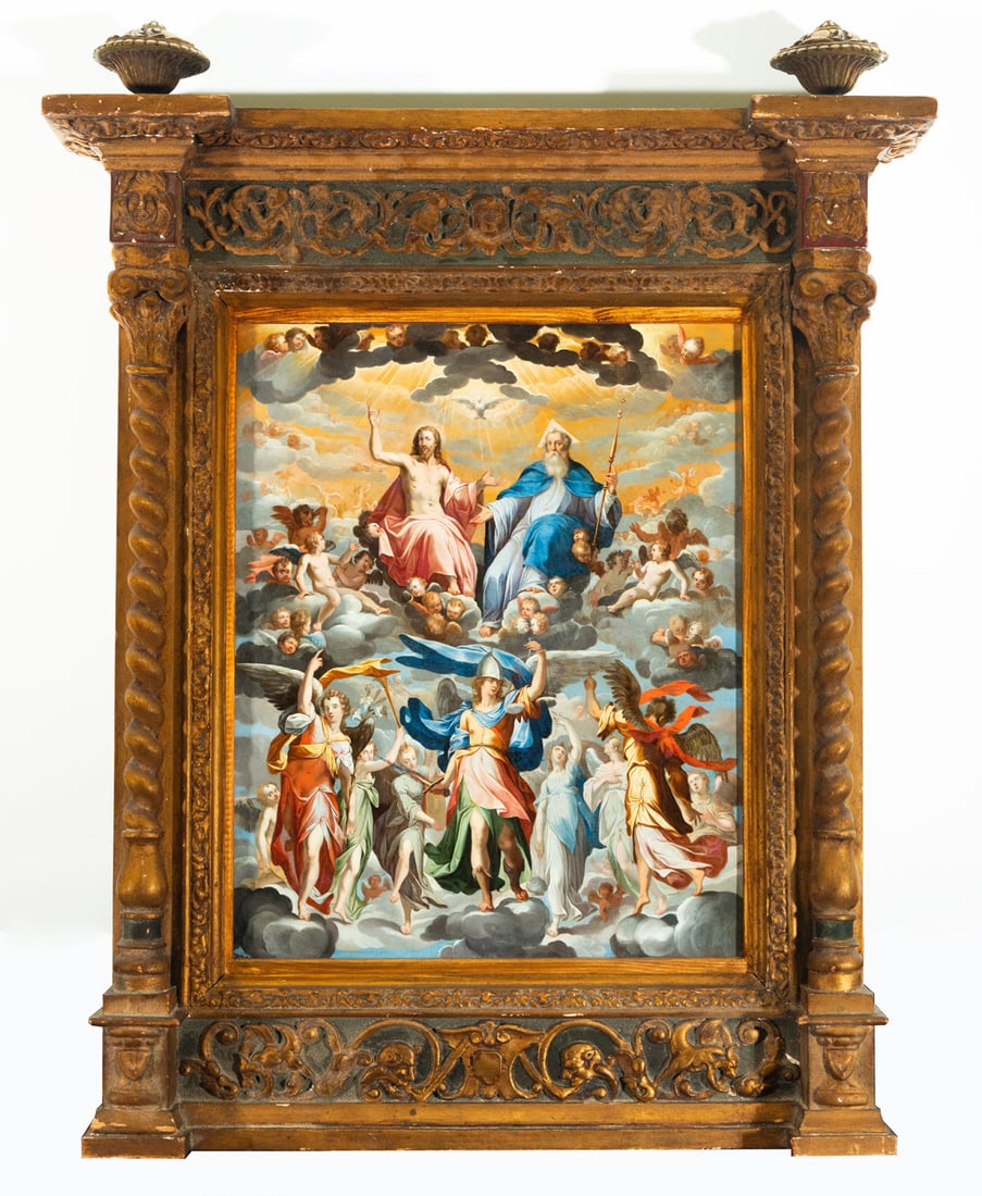 Archangel Saint Michael Surrounded by Angels in front of God the Father, Jesus Christ and the Holy: Oil on copper, framed measures: 84 x 63, copper measures: 48 x 38 cm. The magnificent representation before which we find ourselves follows the canons of the most exquisite colonial refinement that, i