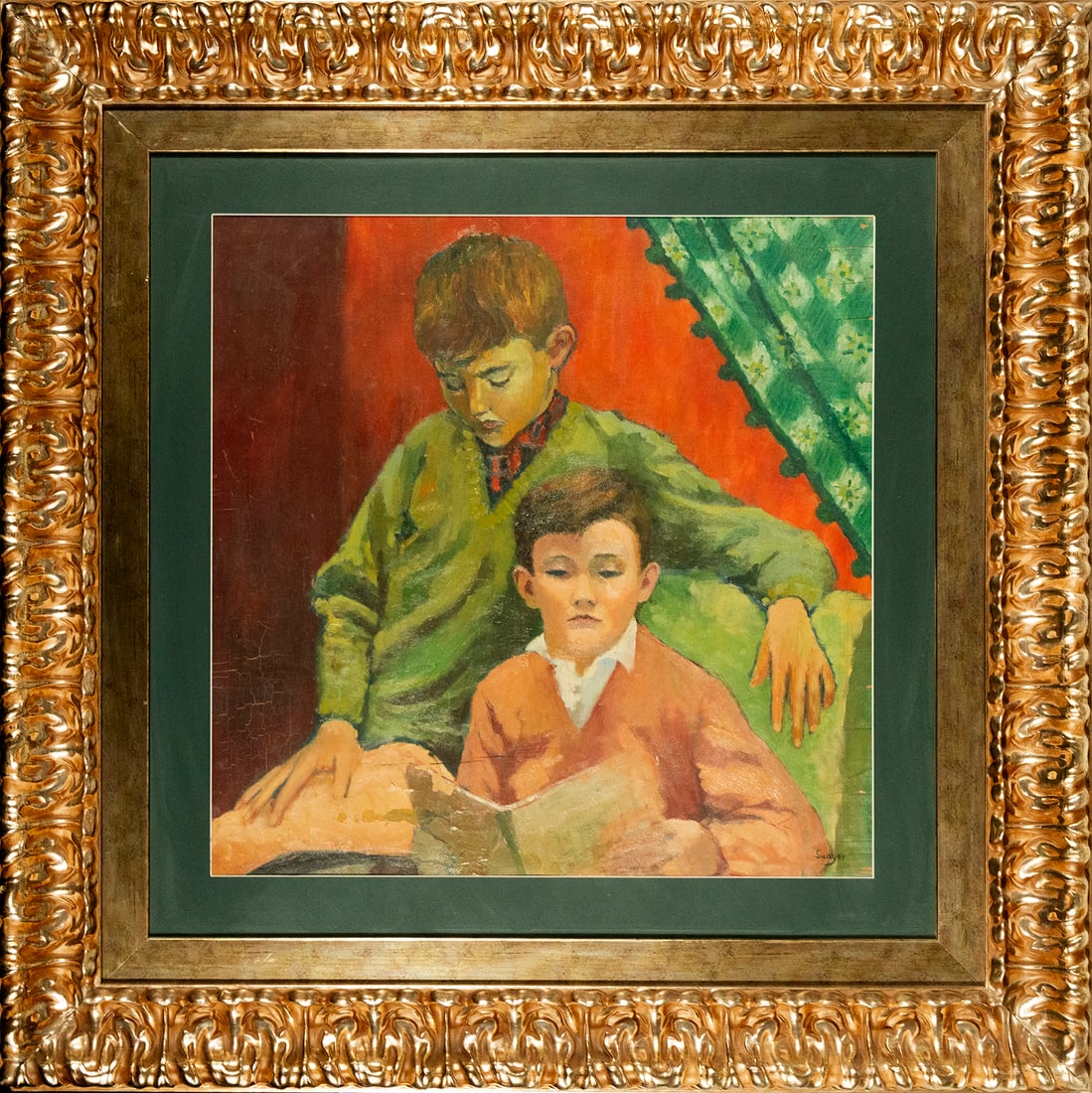 Signed painting of children readingJoaquim Sunyer: Oil on canvas. Measurements: 65 cm x 66 cm and 108 cm x 109 cm