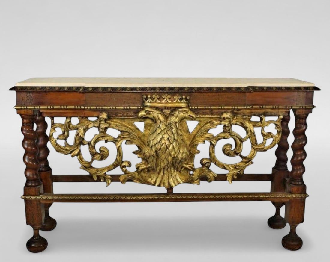 Wainscoting table in carved and gilded walnut with a crowned double-headed eagle and a yellow (1 of 3)