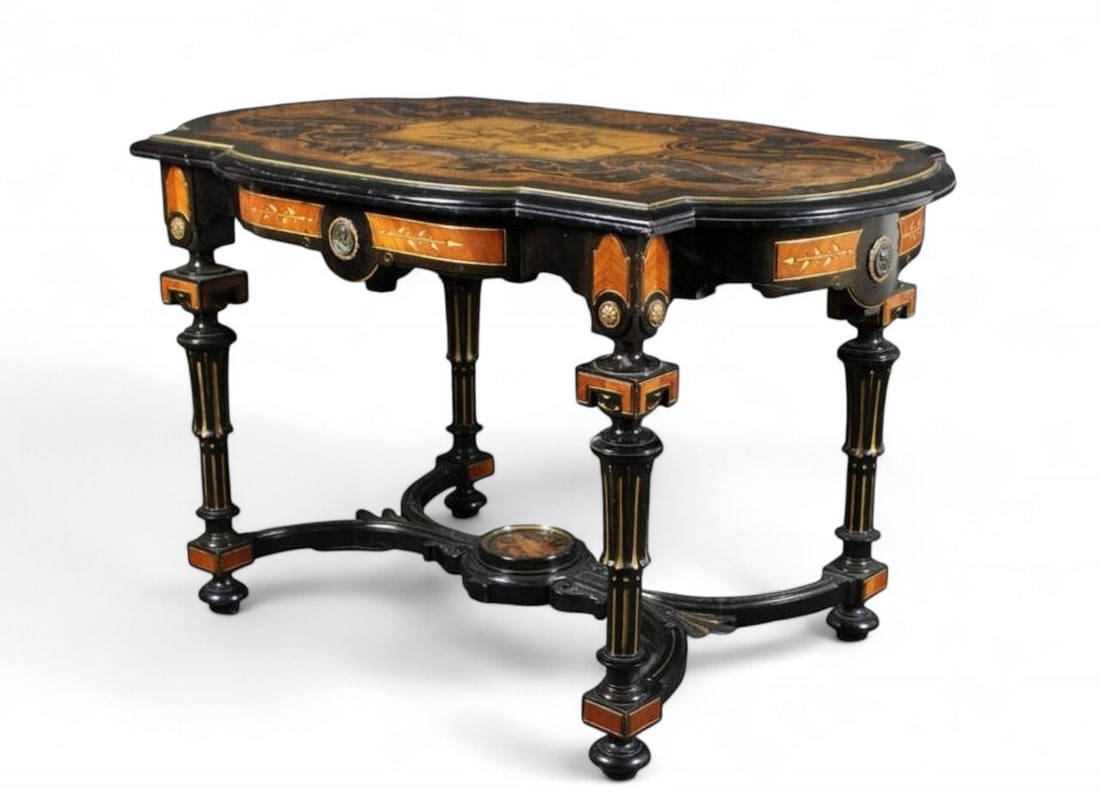 Coffee table in exotic woods with inlays, Napoleon III style, French School, 19th century (1 of 4)