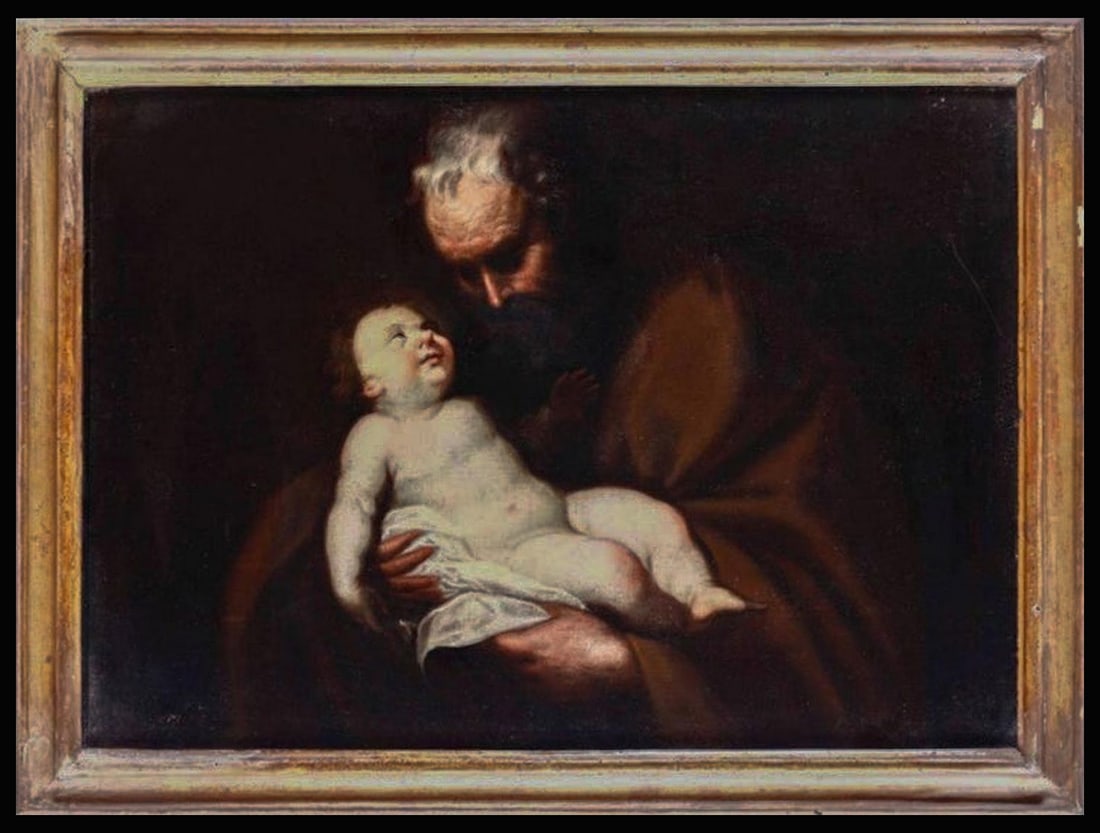 Italian School of the 17th Century "Saint Joseph and the Child" oil painting on canvas 95cm x 67cm: Italian School of the 17th Century "Saint Joseph and the Child" oil painting on canvas 95cm x 67cm without frame frame size: 10cm good condition golden frame Italian Private Collection.