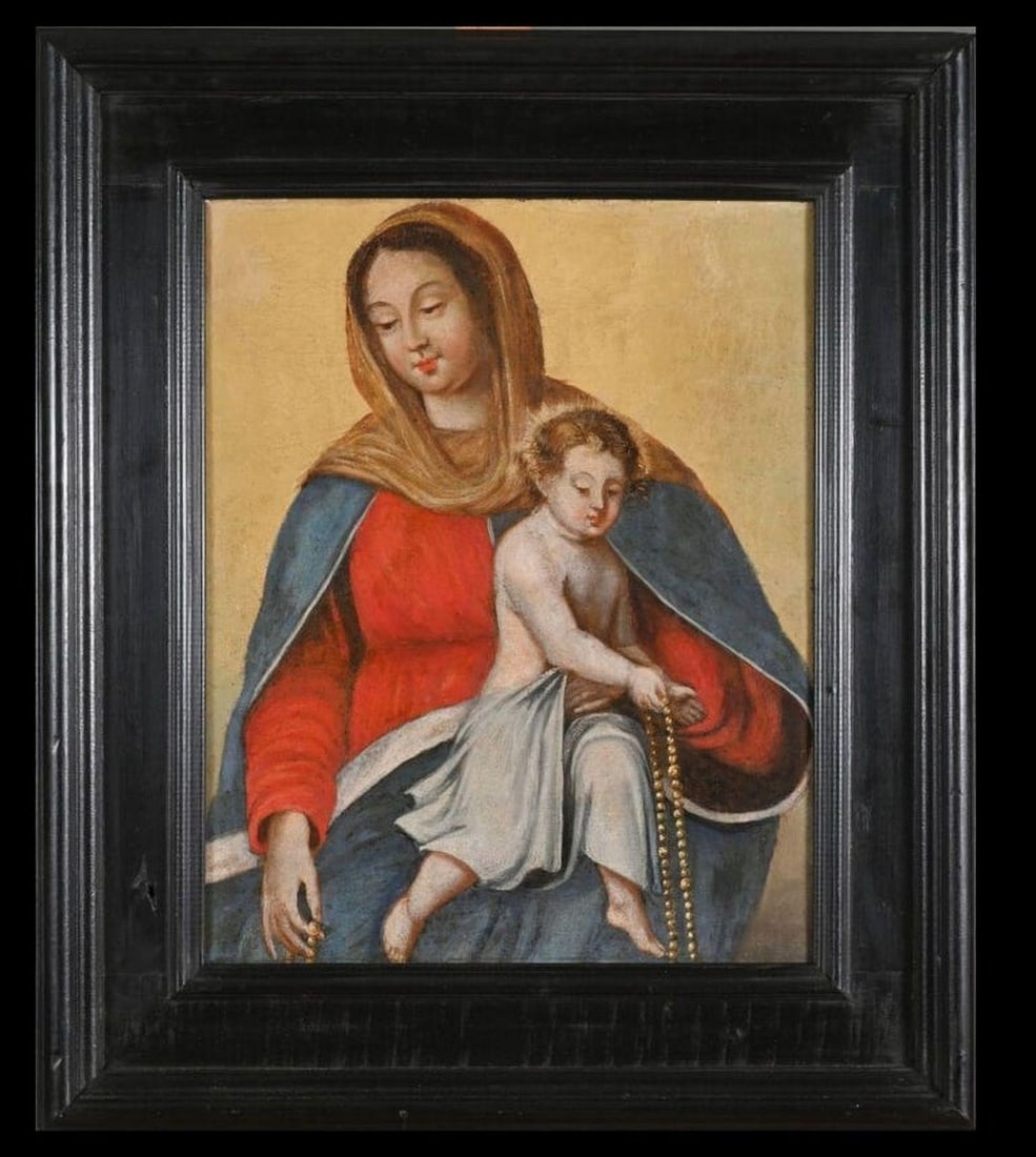 17th Century French School - “Virgin and Child (Our Lady of the Rosary): 17th century French School “Virgin and Child (Madonna of the Rosary)” Oil on canvas (Fragment, original canvas, tensioning bands, restorations) 47.3 x 37.9 cm 