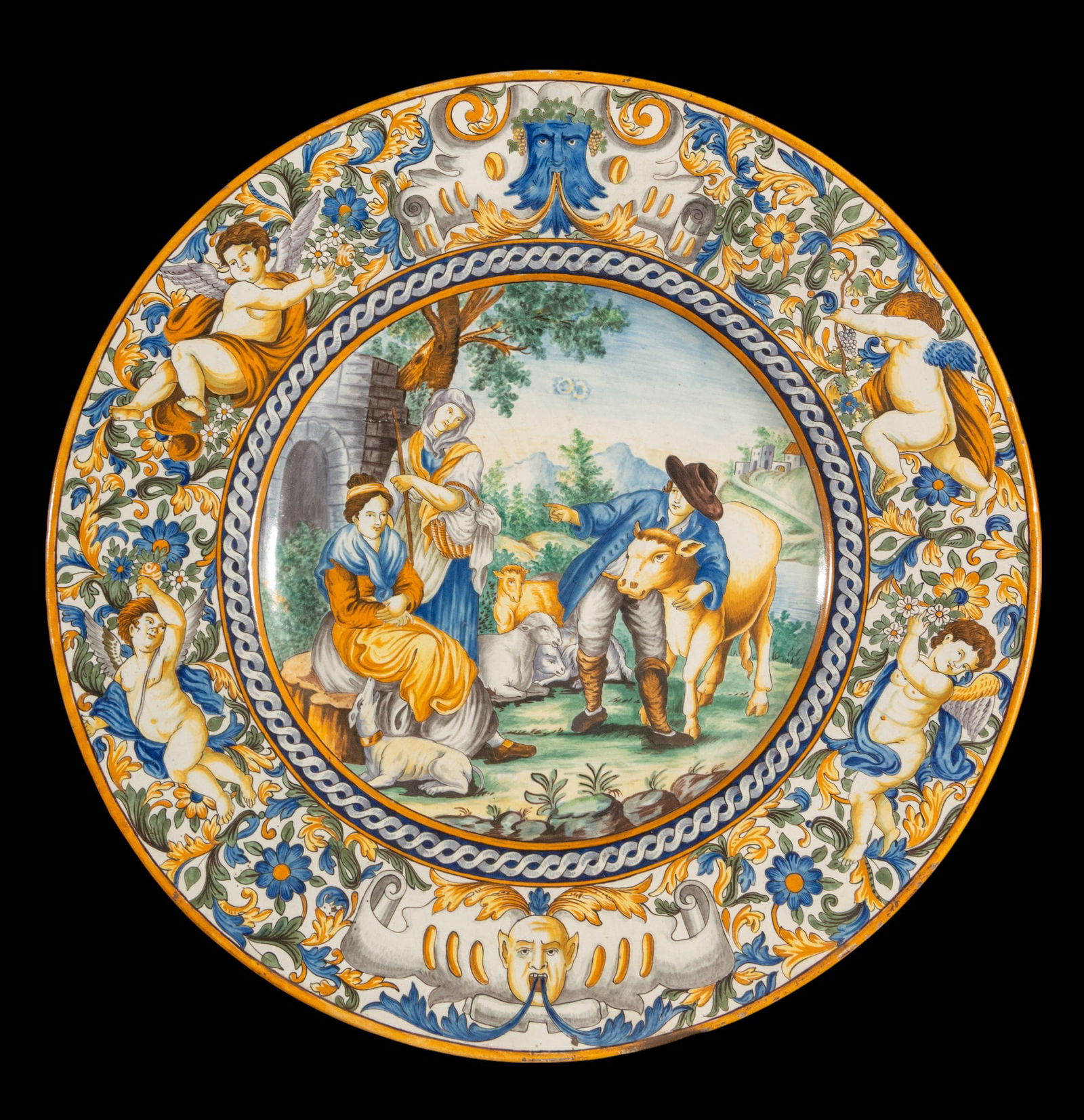 Spectacular plate with figures and an allegory of angels. Italy. Castelli Ceramics. 19th century (1 of 7)