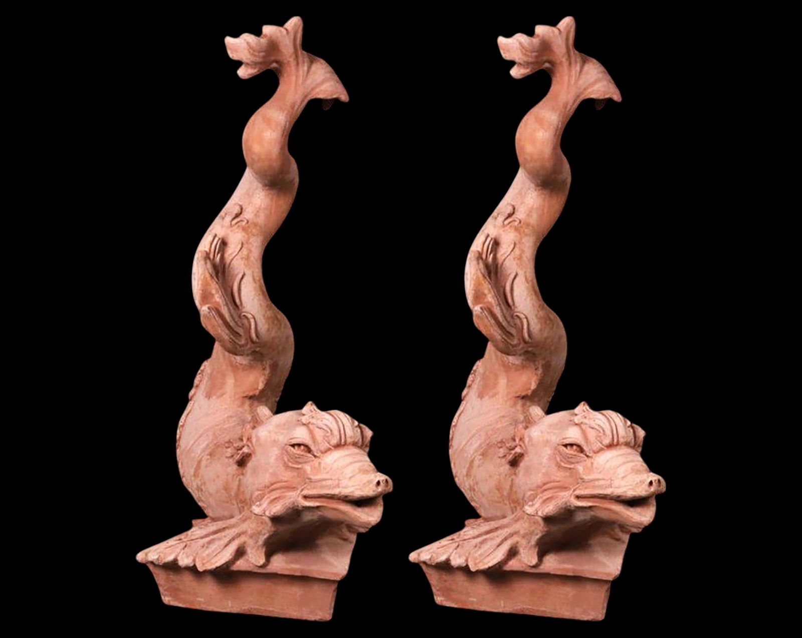 Pair of Tritons from Boboli, Impruneta Terracotta, 20th century: Height (cm) 115. Dimensions (cm) 70 x 46 Base dimensions (cm) 43 x 43 Weight: (kg): 45