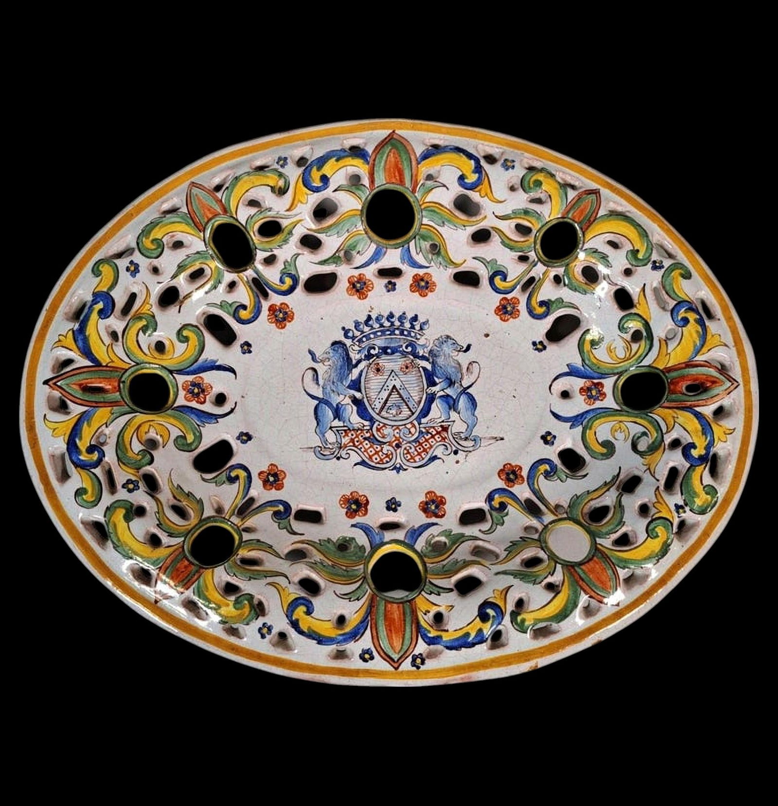 Rare French oval earthenware dish with enameled decoration and central shield, 18th century (1 of 5)