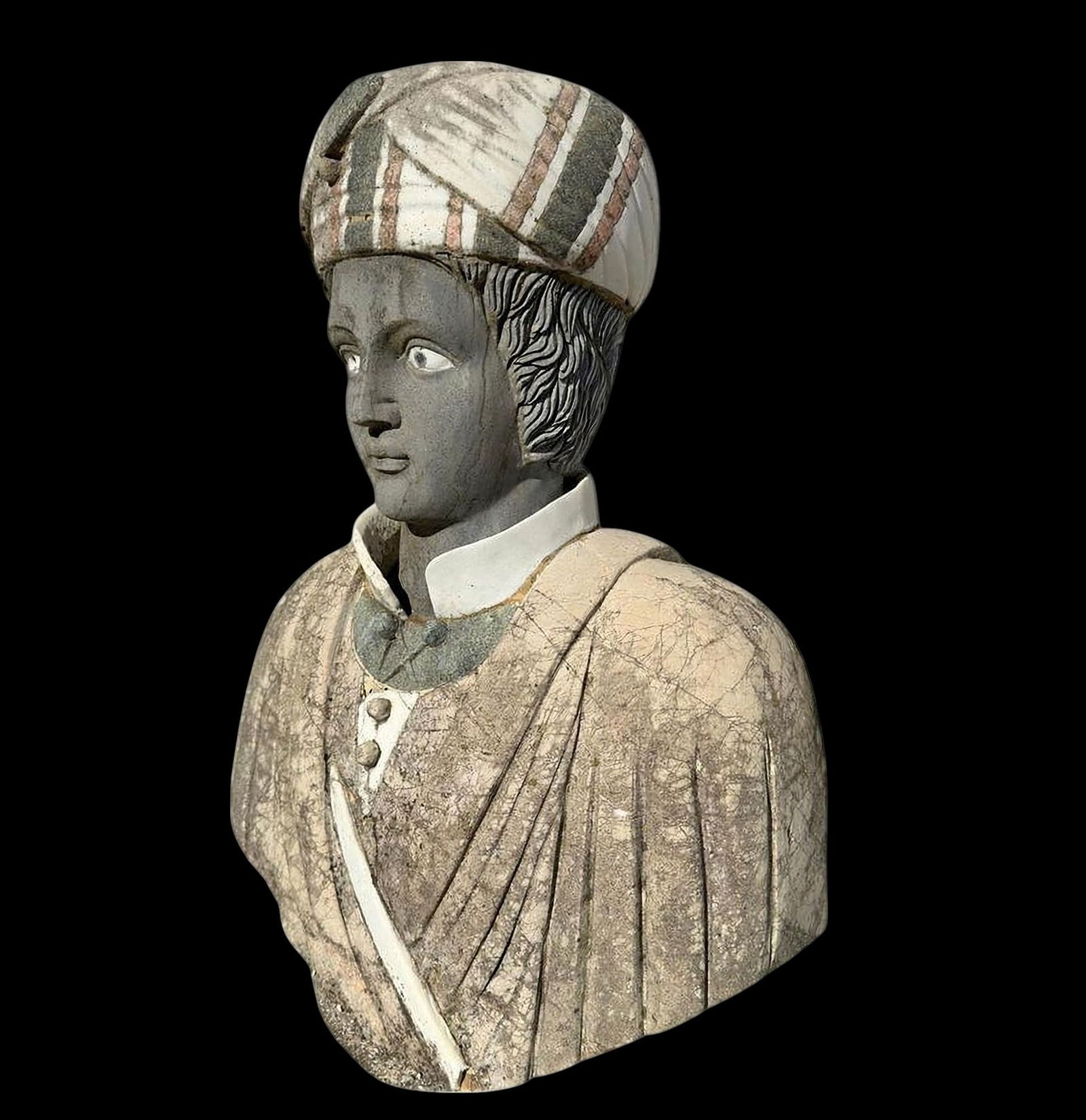 Stone bust of a gentleman with a turban, Italy, 20th century: Italian Stone. Measurements: 70 x 50 cm.