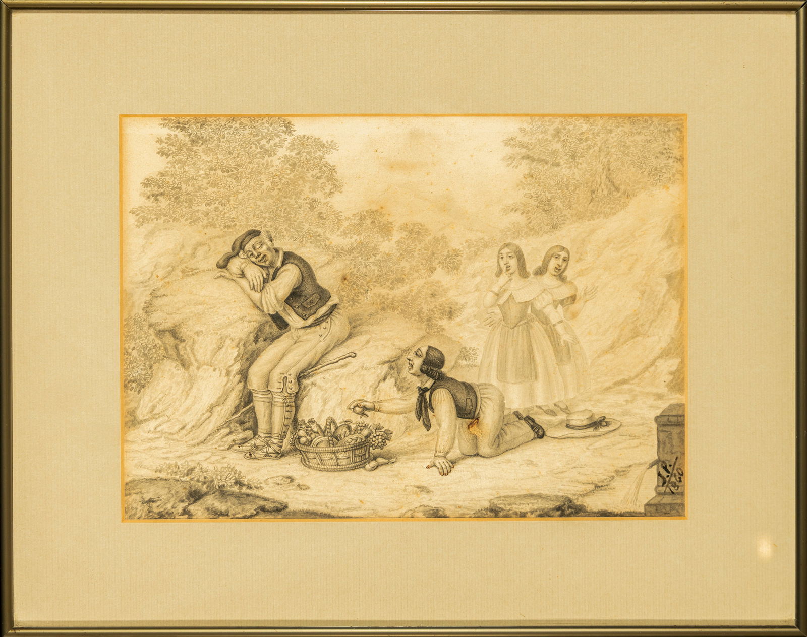 Rare Charcoal with Grotesque Scene - JP 1860 - Signed, France or Spain 19th century (1 of 5)