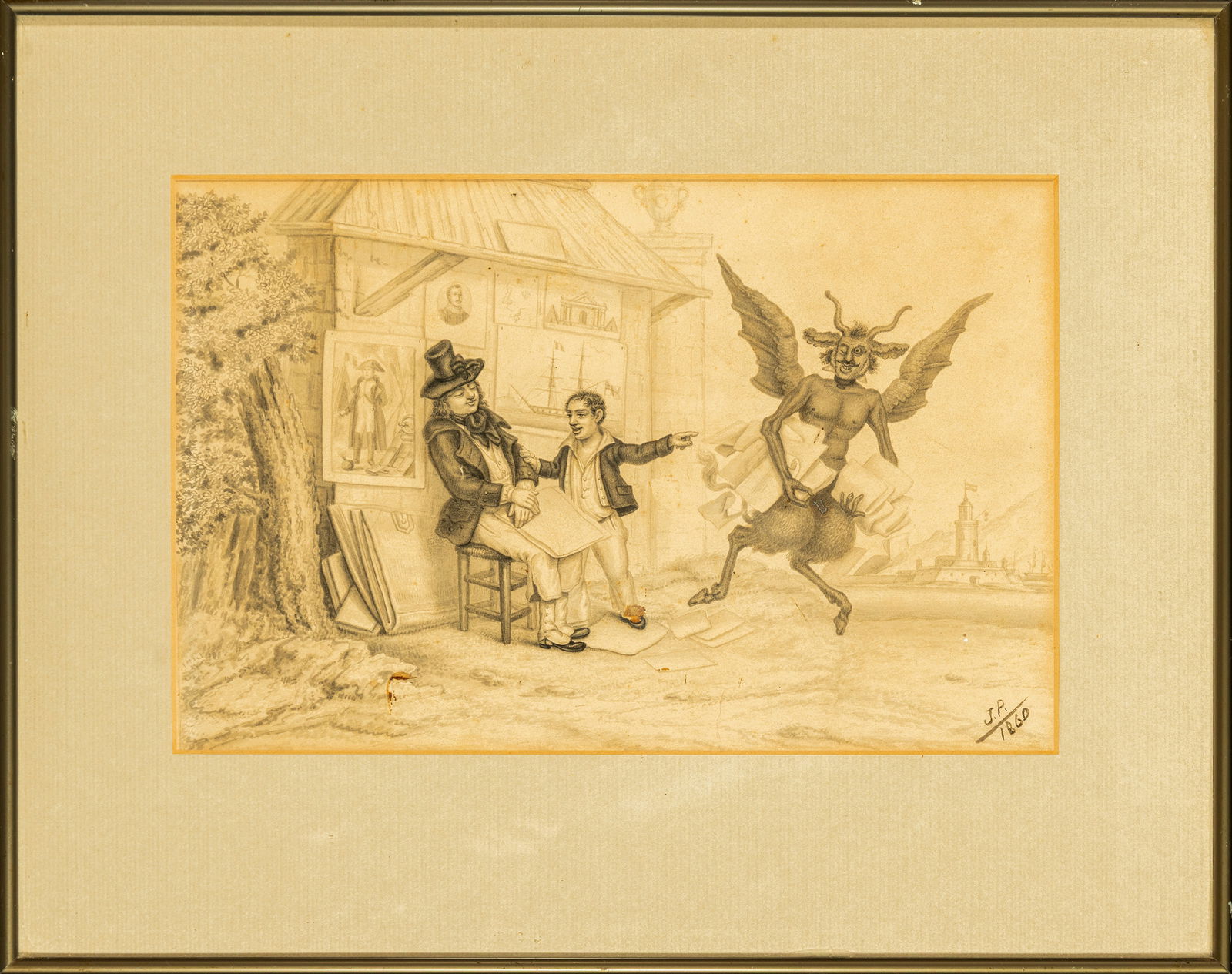 Rare Charcoal with Grotesque Scene - JP 1860 - Signed, France or Spain 19th century (1 of 5)