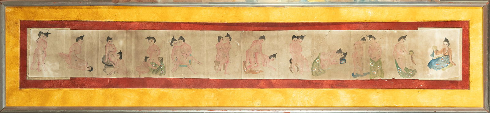 Japan, Japanese Art - Edo Period, 18th - 19th Century - Set of 12 erotic Japanese Kamasutra scenes: Aquatint on paper. Framed. Dimensions of each drawing: 10 x 7 cm; total framed size: 94 x 22 cm. Provenance: Important European private collection.