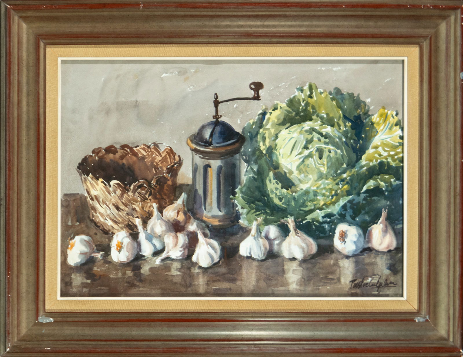 Still life of garlic and cabbage with a mill, Vicente Pastor Calpena, Valencian School, 20th century: Watercolor on paper, dimensions unspecified. In this work, Vicente Pastor Calpena depicts a still life of a folkloric character, in which a cabbage, several garlic cloves, and a mill occupy the foregr
