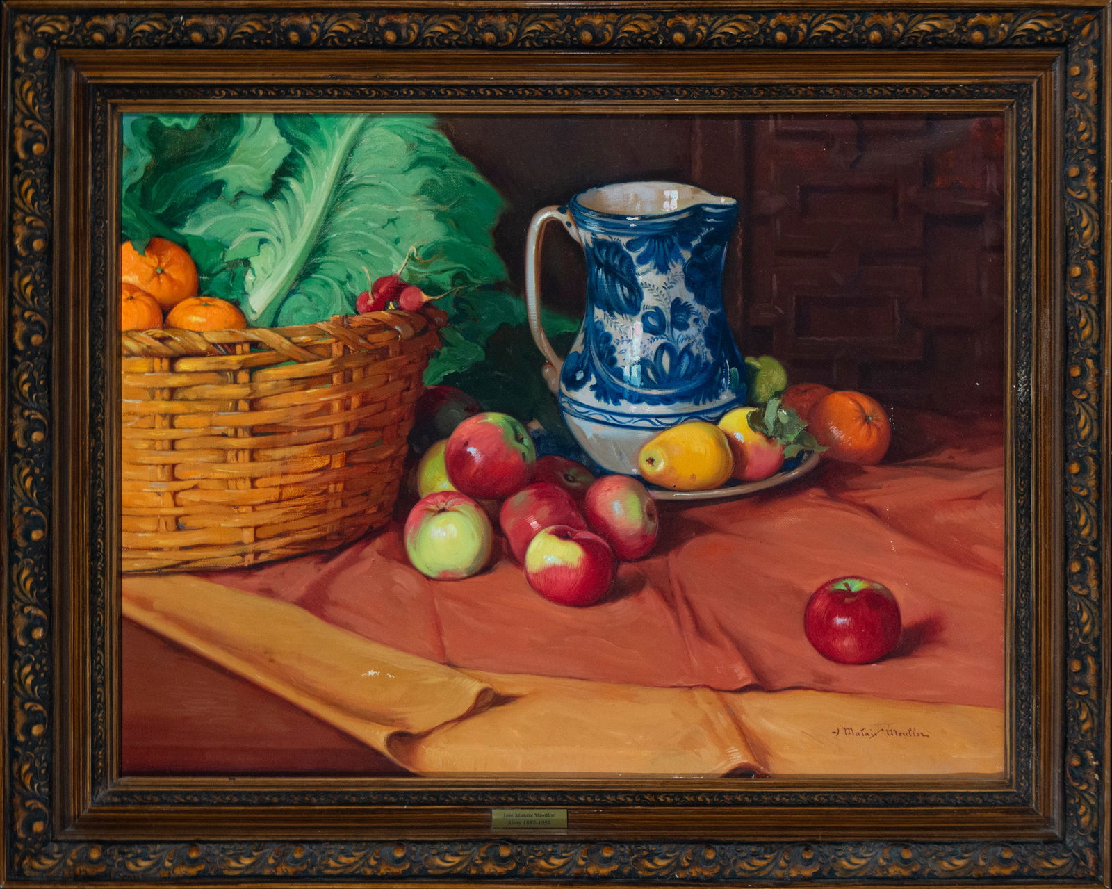 Still Life of Fruit with a Jug'. José Mataix Monllor, Valencian School, 20th Century: Oil on canvas. Signed by José Mataix Monllor, a painter from Alcoy, enrolled in the 20th-century Valencian School. The still life features a table covered with a reddish tablecloth, with fruit, a bas