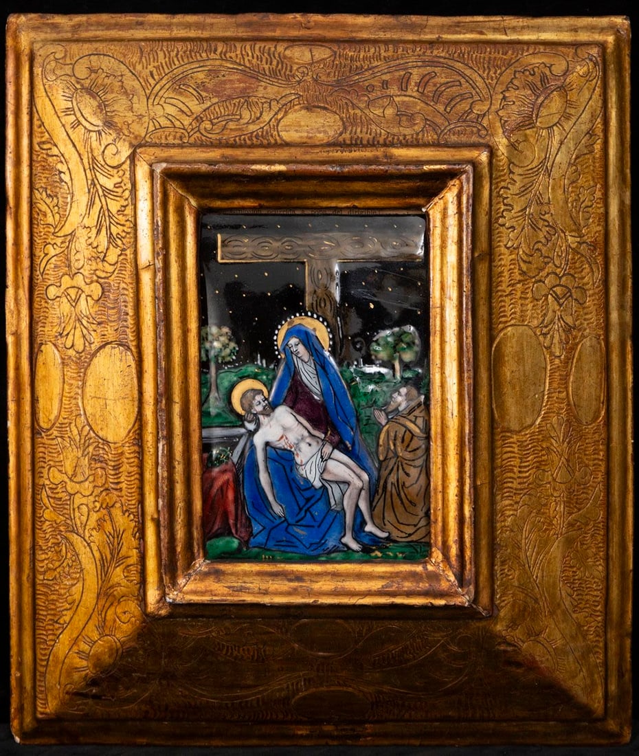 Pietà, in Limoges enamel, 19th century, France: Enamel measurements: 15 x 10 cm. Total measurements with frame: 31 x 28 cm