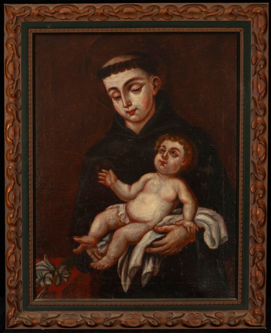 Saint Anthony with the Child, colonial school of Cusco from the 18th century: Oil on canvas, measurements: 64 x 47 cm, with frame: 76 x 61 cm
