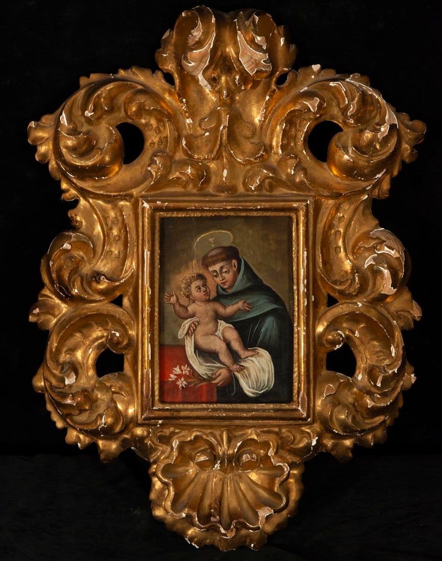 Saint Anthony with the Child, 17th century: Oil on copper, measurements: 16 x 11 cm, with frame: 40 x 31 cm