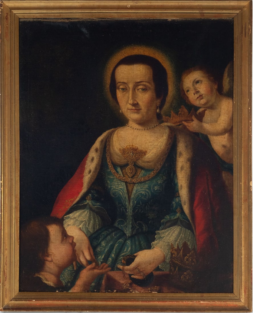 Saint Elizabeth of Hungary giving alms, New Spain colonial school from the 18th century: Oil on canvas, framed measurements: 93 x 74, canvas measurements: 84 x 66 cm