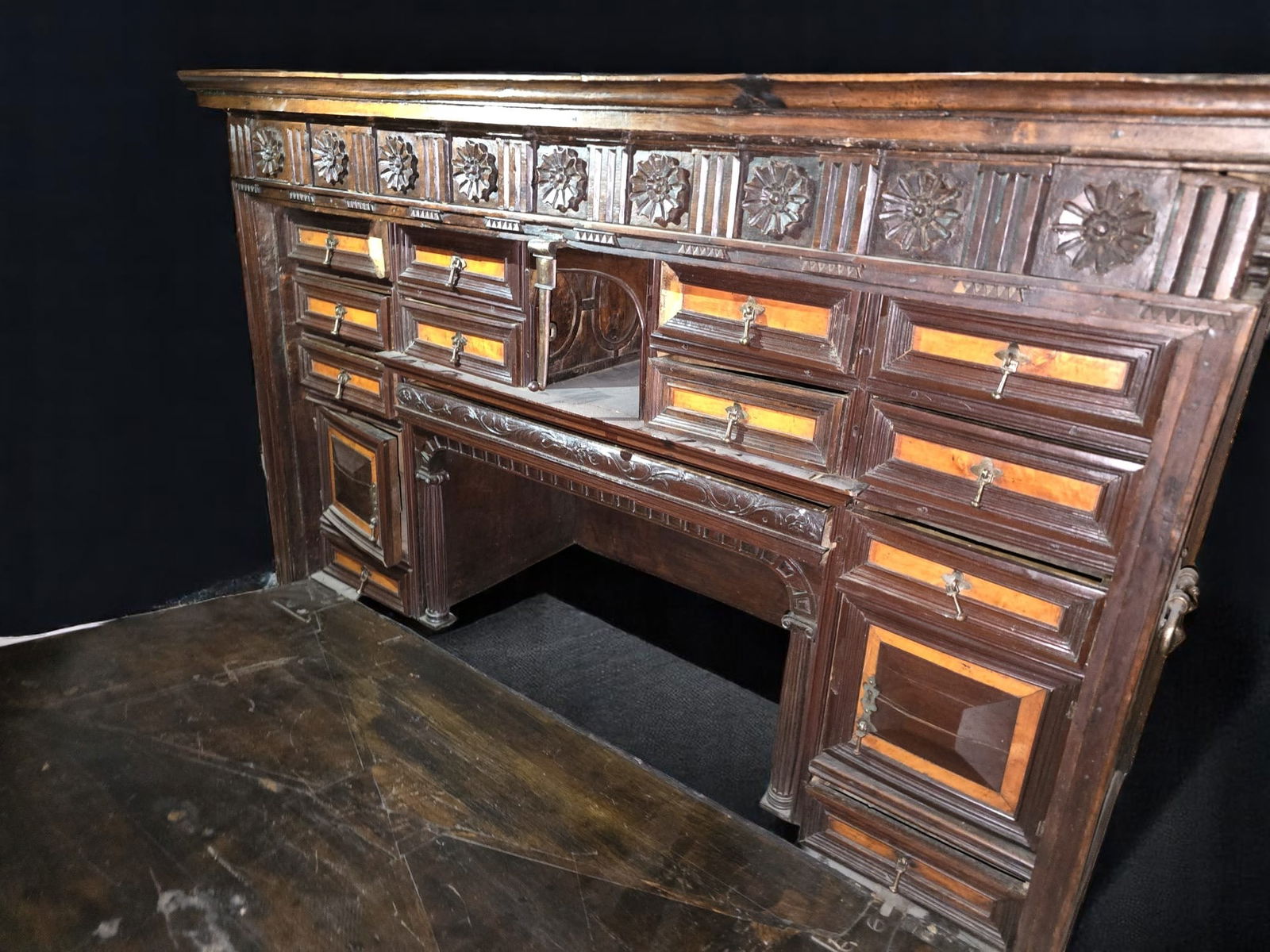 Beautiful Spanish Cabinet, wooden friar's chest, with silver handles and fruit marquetry from the (1 of 5)