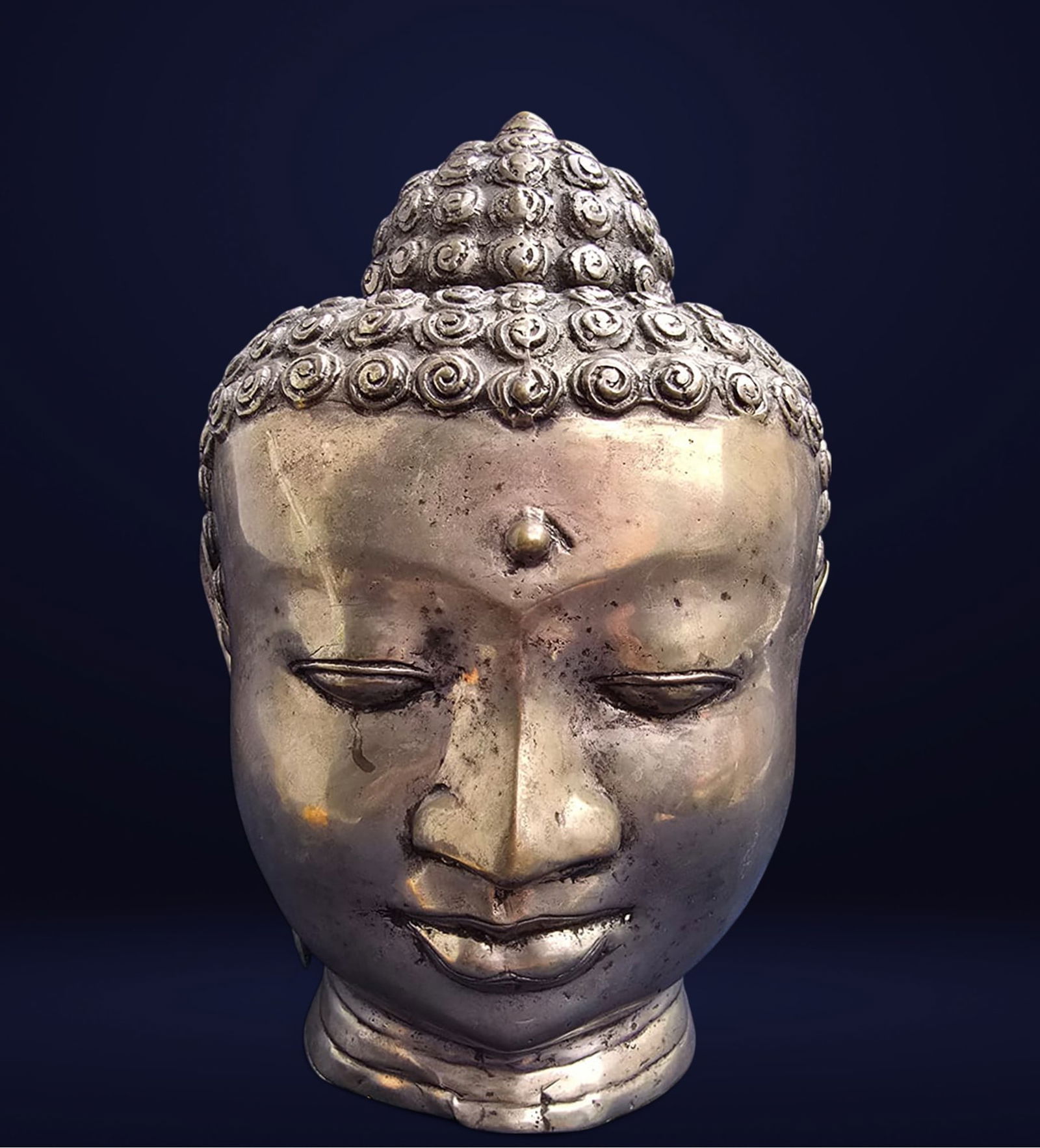Large and Decorative Buddha Head, Cambodia, in bronze, 20th C (1 of 3)