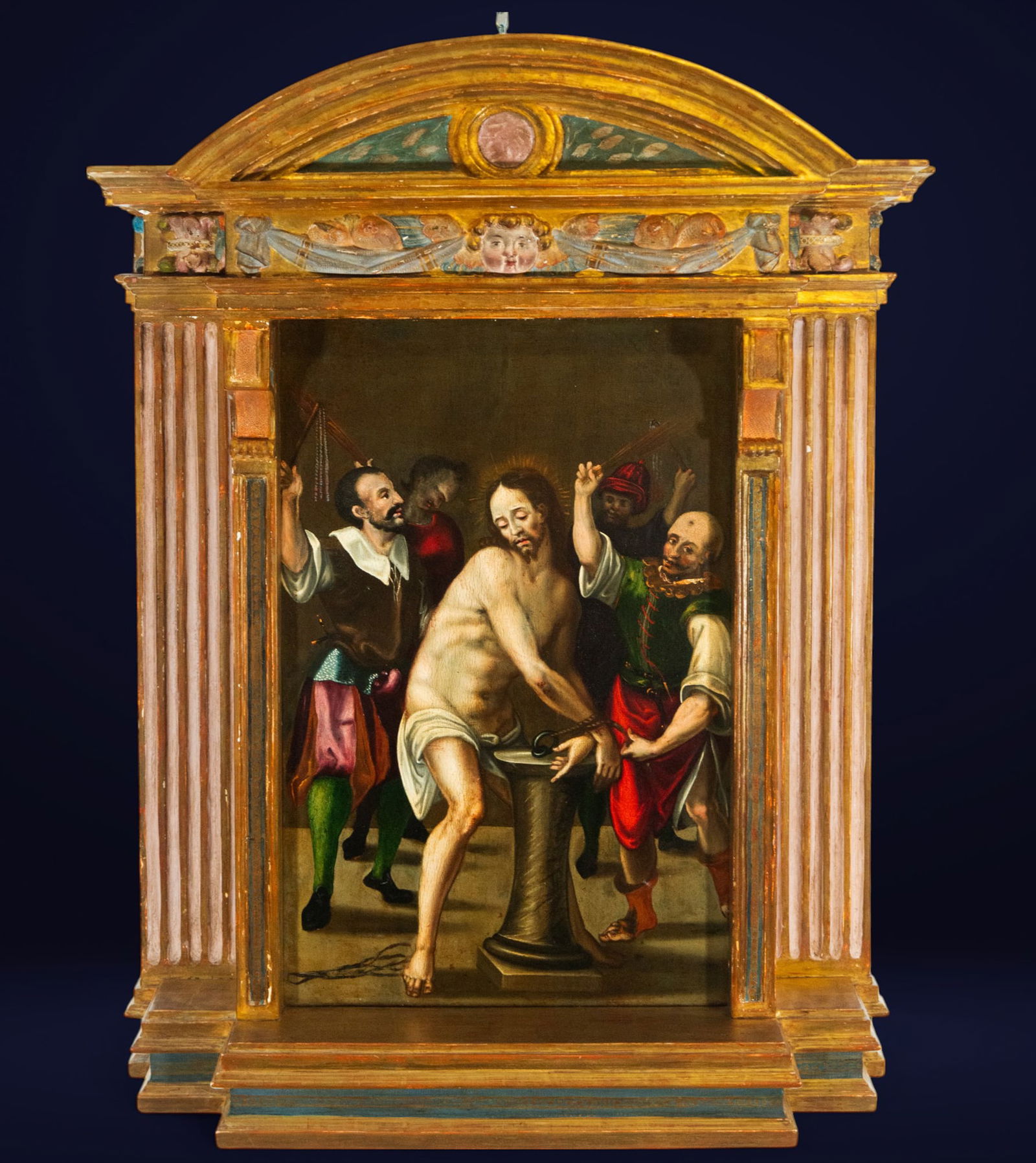 Flagellation of Christ. Chevalier d'Arpin, 16th-century Italian Renaissance school: Oil on panel. The scene depicts the moment of Christ's flagellation, centered in the foreground with his naked torso, his hands tied to a low column, and his head bowed in a gesture of resignation. Ar