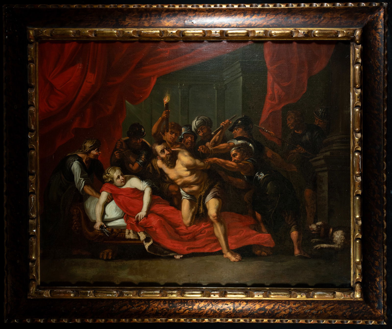 Samson and Delilah - Attributed to Jacob Jordaens (Antwerp, 1593-1678) Flemish 17th century: 17th-century Flemish oil on canvas. Total dimensions with frame: 110 x 127, 85 x 105 cm (canvas only). Formerly in private collection, Barcelona. Reference bibliography: Nelson, Kristi. Jacob Jordaens
