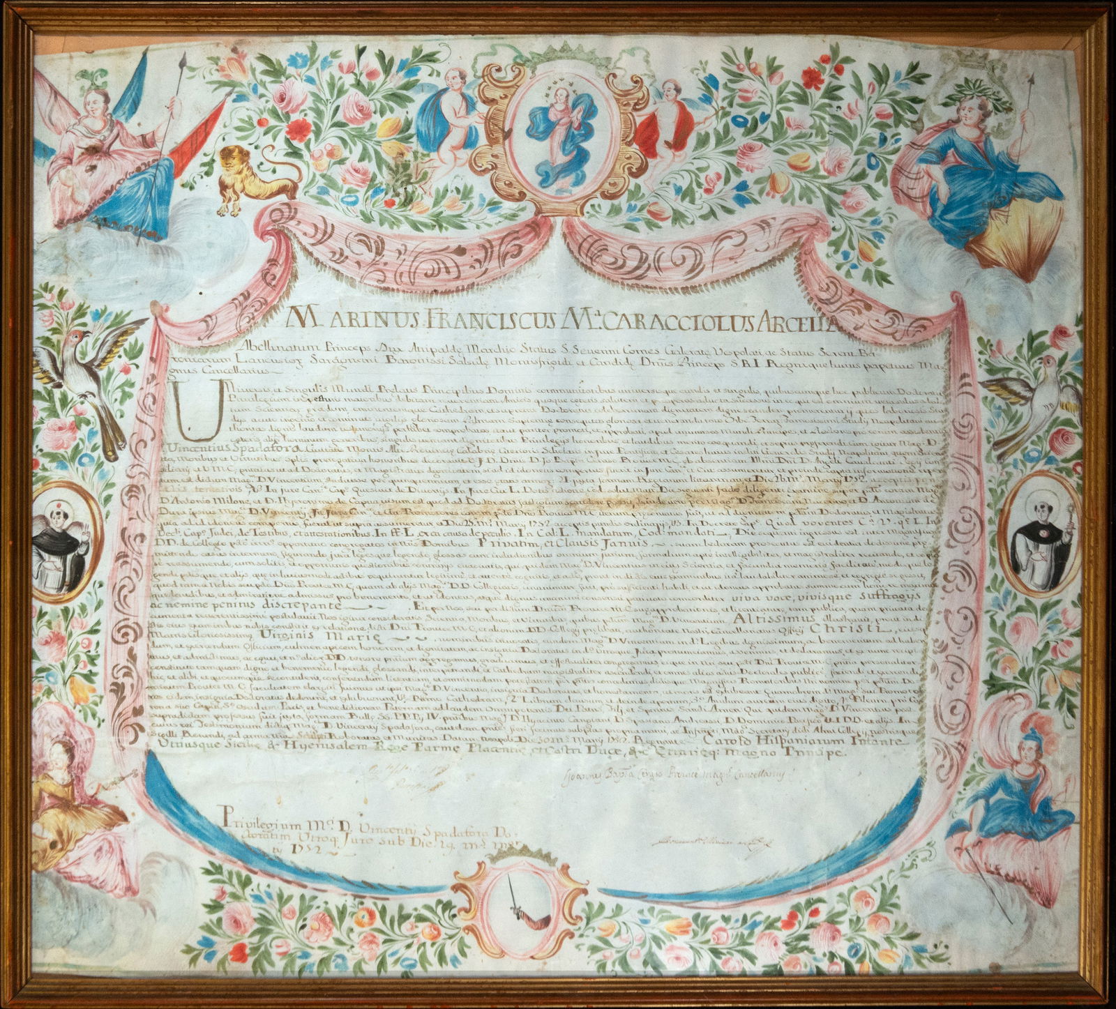 Large hand-illuminated parchment with Royal Privilege Act to the Palatine Princess of Parma of the: Illuminated in tempera on parchment, Italy, Measurements: 90 x 70 cm