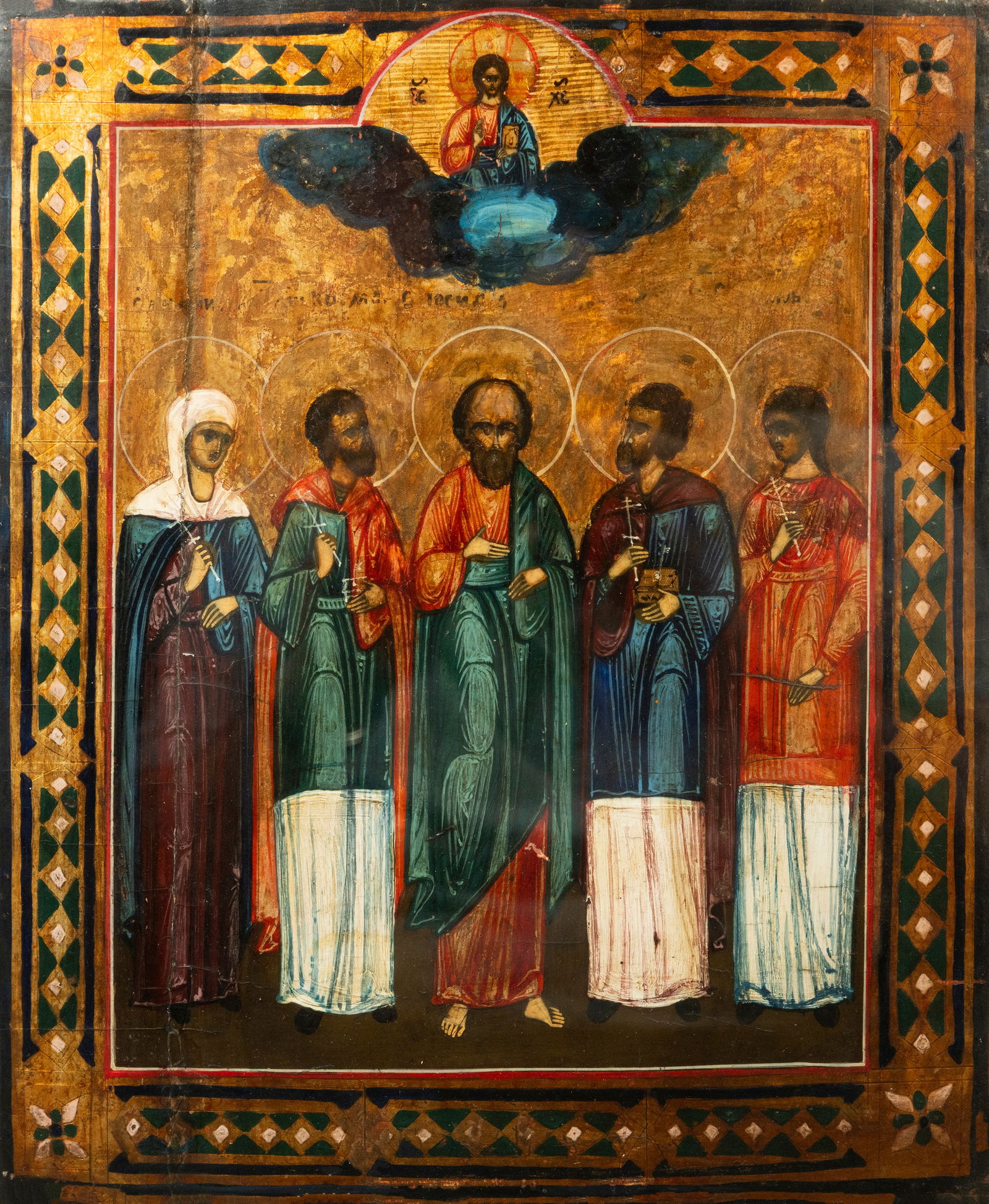 Antique Greek Orthodox Icon of Magdalene and the 4 Evangelists - Venetian Cretan work of the 18th -: 33 x 25 cm, 49 x 42 cm.