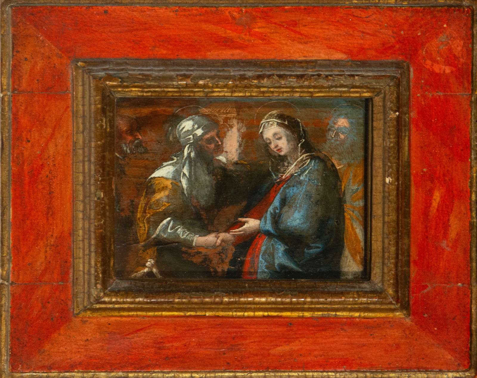 The Visitation with Saints Joachim and Joseph. Florentine School. 16th century.: Oil on panel. Dimensions: 12.5 x 16 cm. In an intimate and secluded scene, the figures of the Virgin and her interlocutor, possibly Saint Joachim, meet in a solemn gesture of greeting, while Saint Jos