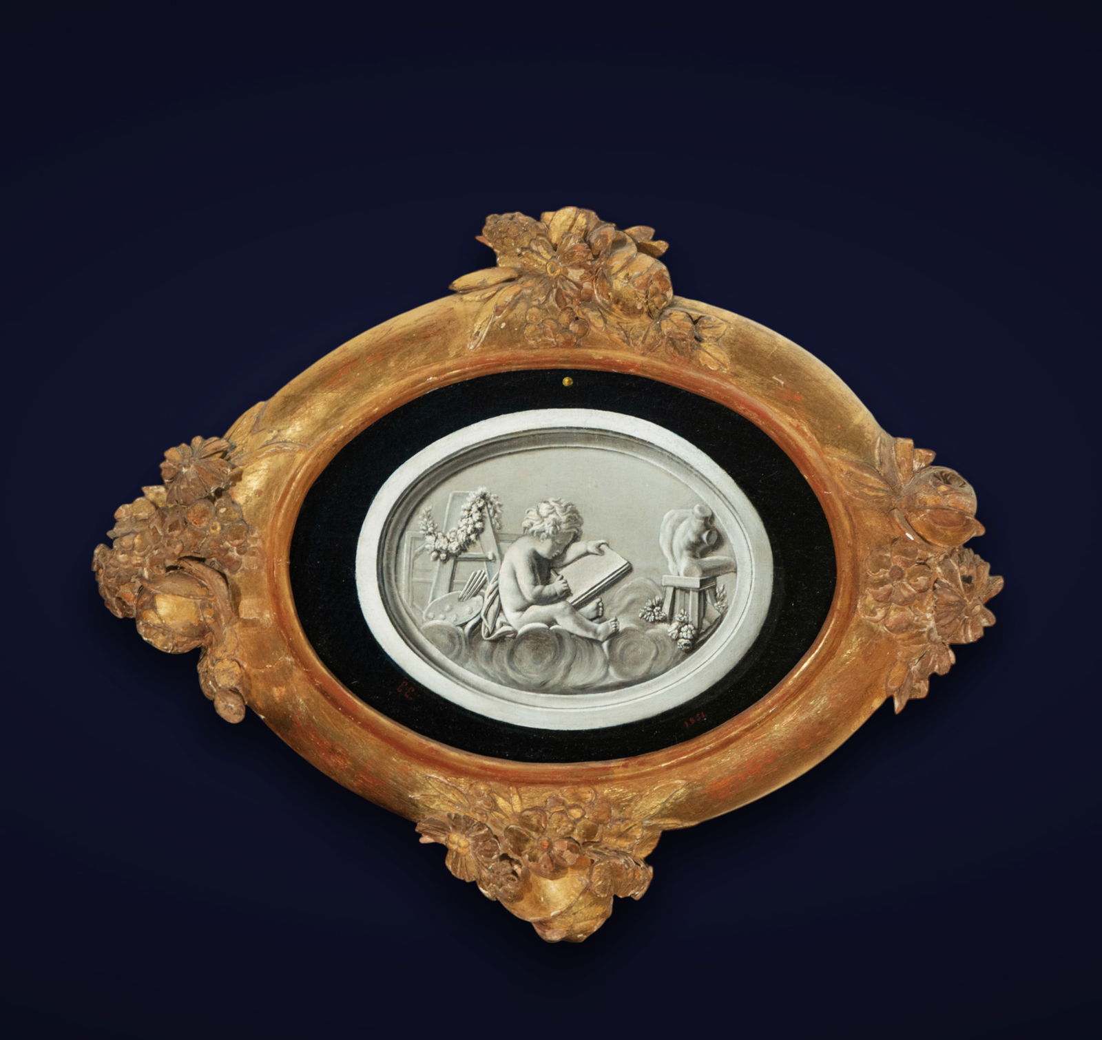 Dutch School, 1851, trompe l'oeil with an allegory of painting and sculpture, oil on oval canvas: 8.5" x 11" 38 x 46 x 3.5 cm. (frame)