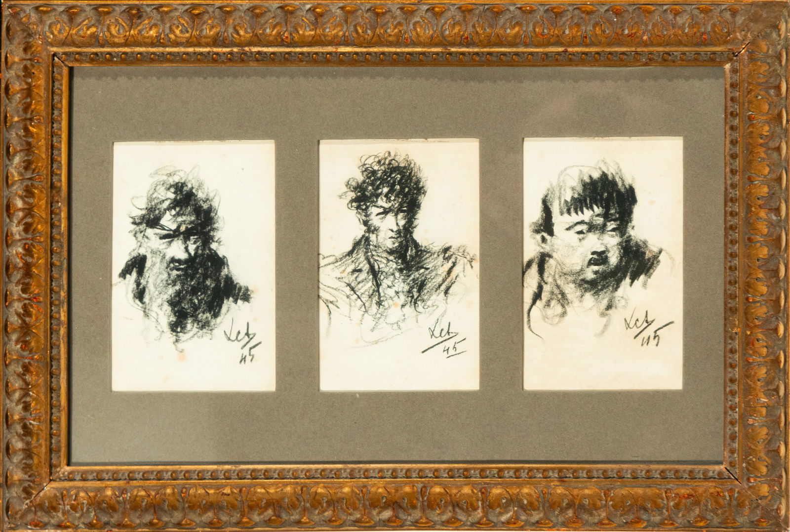 Spanish School, 1845, three drawings of faces, charcoal on paper (1 of 5)
