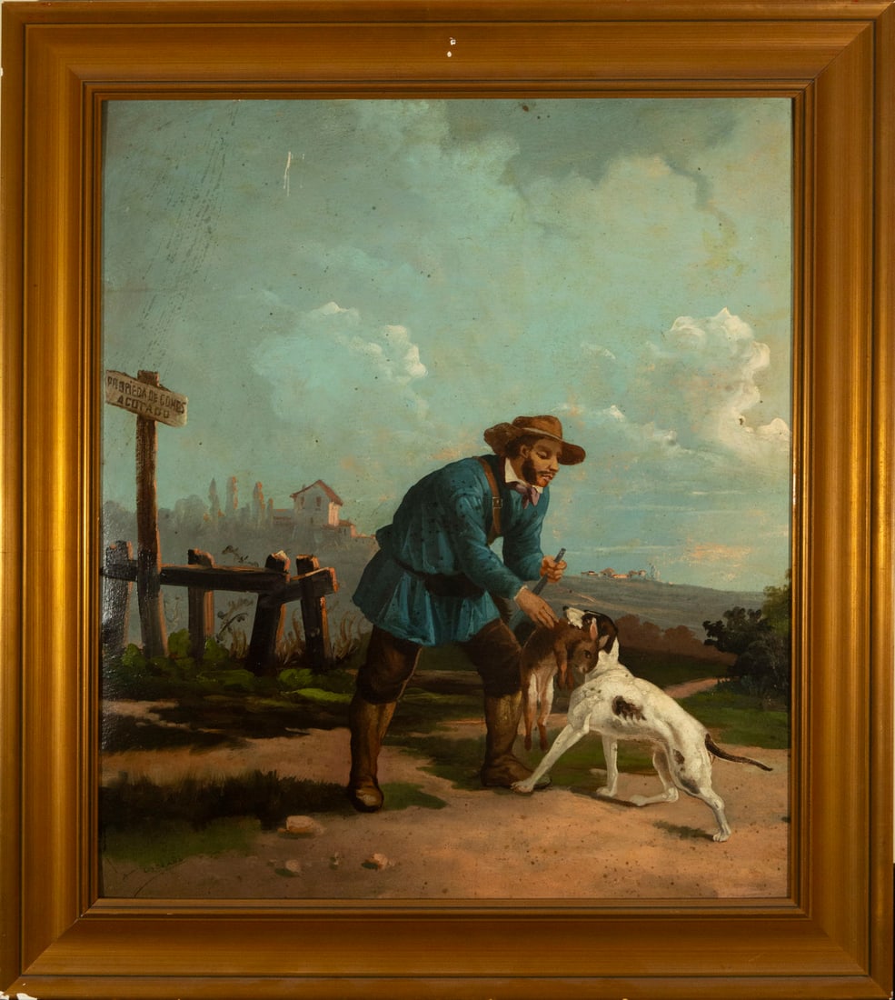 Angel Lizcano Monedero (Alcázar de San Juan, November 24, 1846 - Leganés, July 31, 1929): Landscape with a hunting scene, oil on panel. Total framed dimensions: 80 x 70 cm; panel dimensions: 100 x 80 cm.