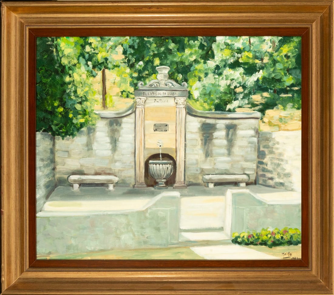 Figure next to a fountain, signed: Measurements: 50 x 40 cm, measurements with frame: 56 x 50 cm