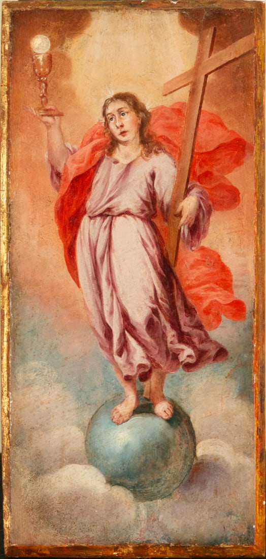 Child Jesus with the Cross, 18th-century French school: Oil on panel, panel dimensions: 44 x 21 cm