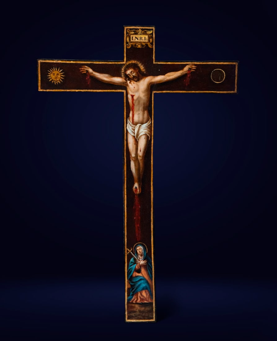 Exceptional Mexican Colonial Cell Cross in oil-painted cedar wood, New Spain, 17th century (1 of 16)