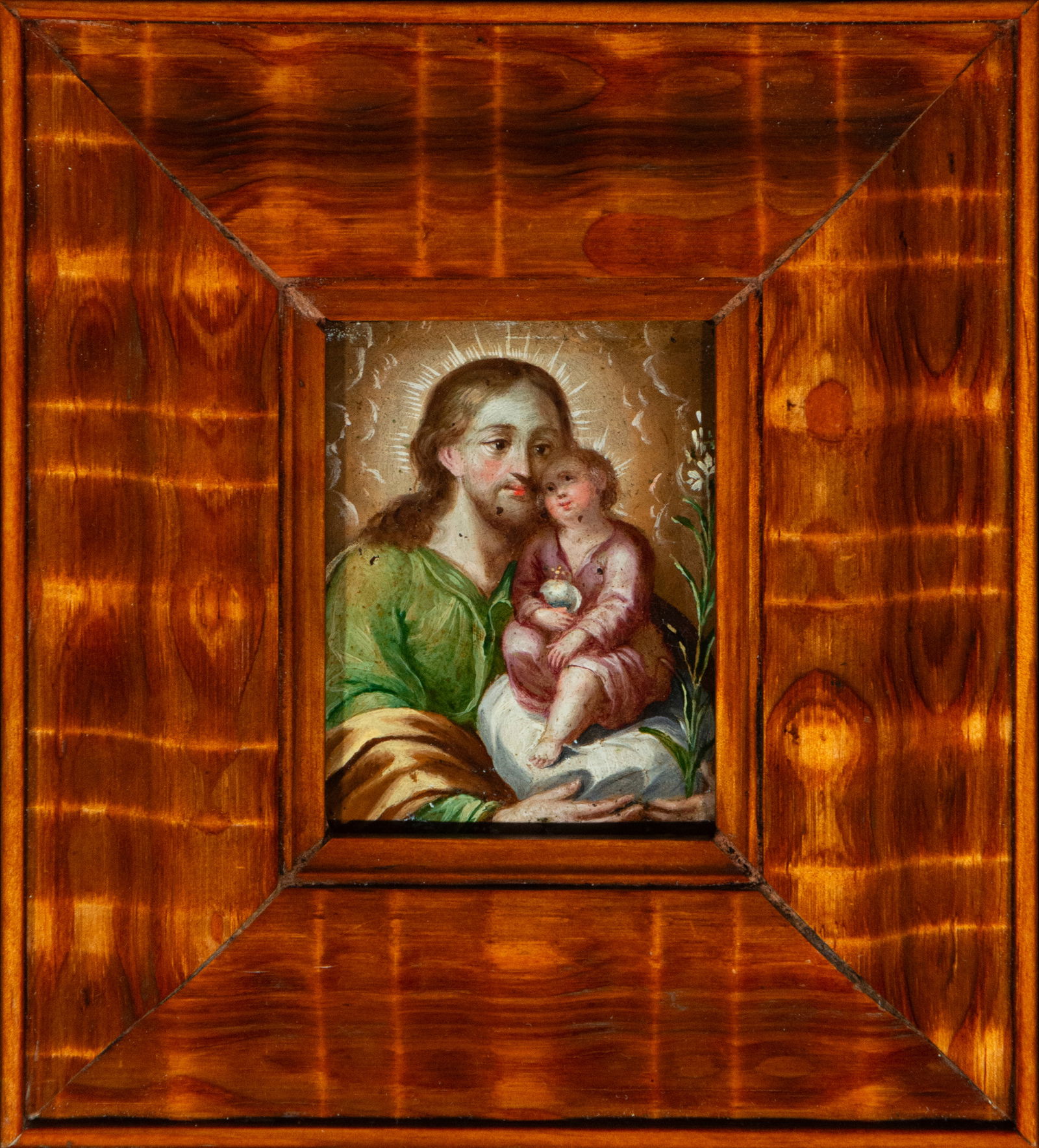 Saint Joseph with the Child and Pity, 18th century - Colonial School of New Spain, around 1700: Oil on copper, Measurements 8 x 6 cm (17 x 15 x 3 cm with frame)