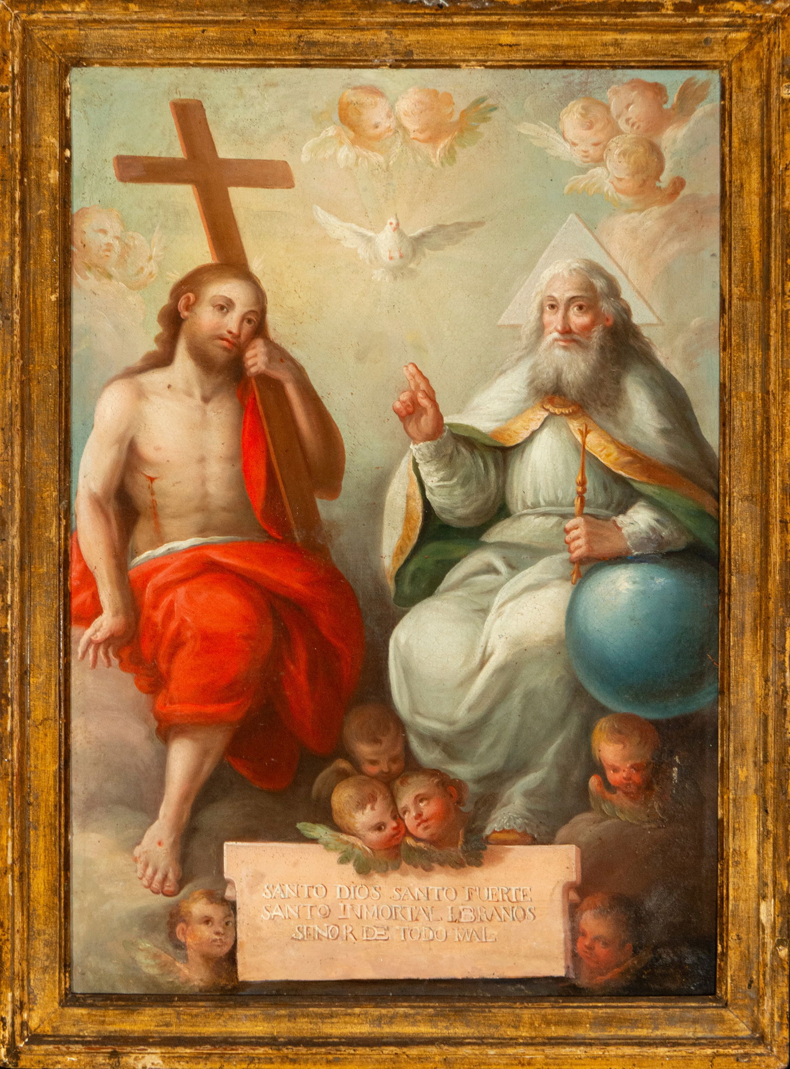 Holy Trinity - Anonymous New Spanish artist, 18th century. Colonial school, Mexico: Oil on canvas, Dimensions 65 x 45 cm (72 x 52 cm with frame)