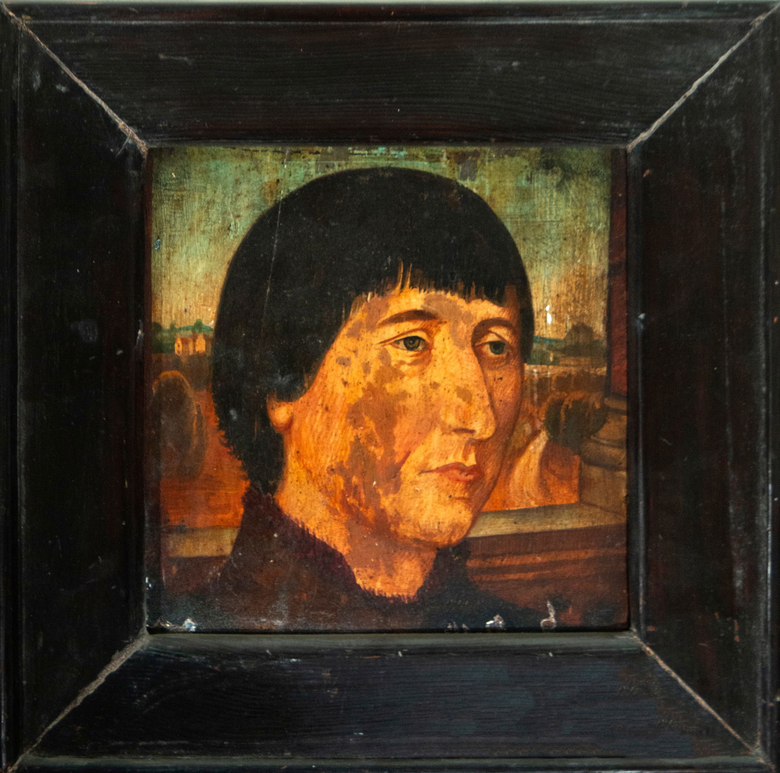 Flemish sculpture, following the models of the Flemish Primitives, profile portrait, oil on panel.: 25 x 25 cm. 38 x 38 x 4 cm. (frame)