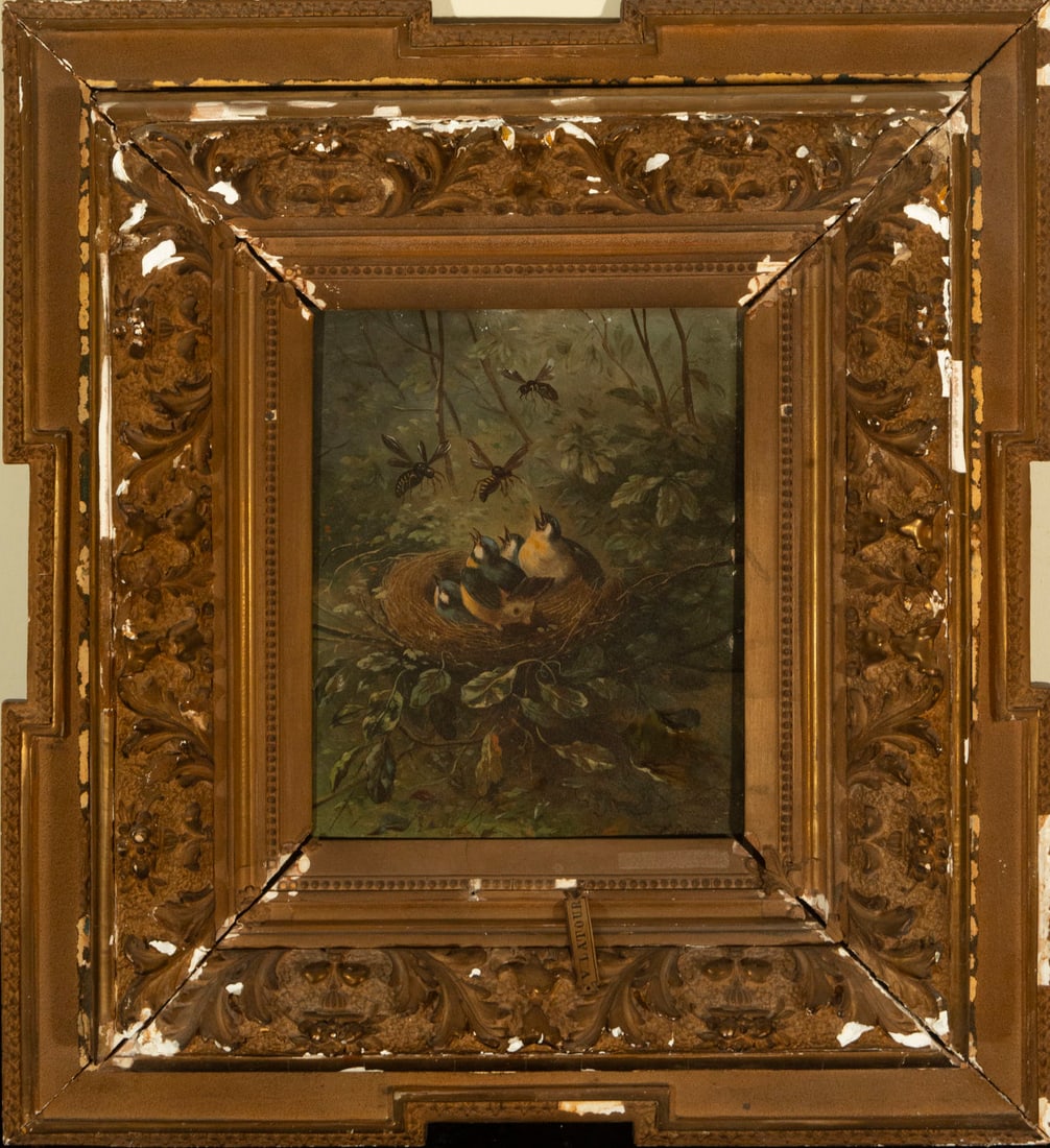 Victoria Fantin-Latour (1840-1926) Nest with Birds, French Romantic school of the 19th century: Oil on panel. Panel only: 27 x 20 cm, framed: 55 x 50 cm