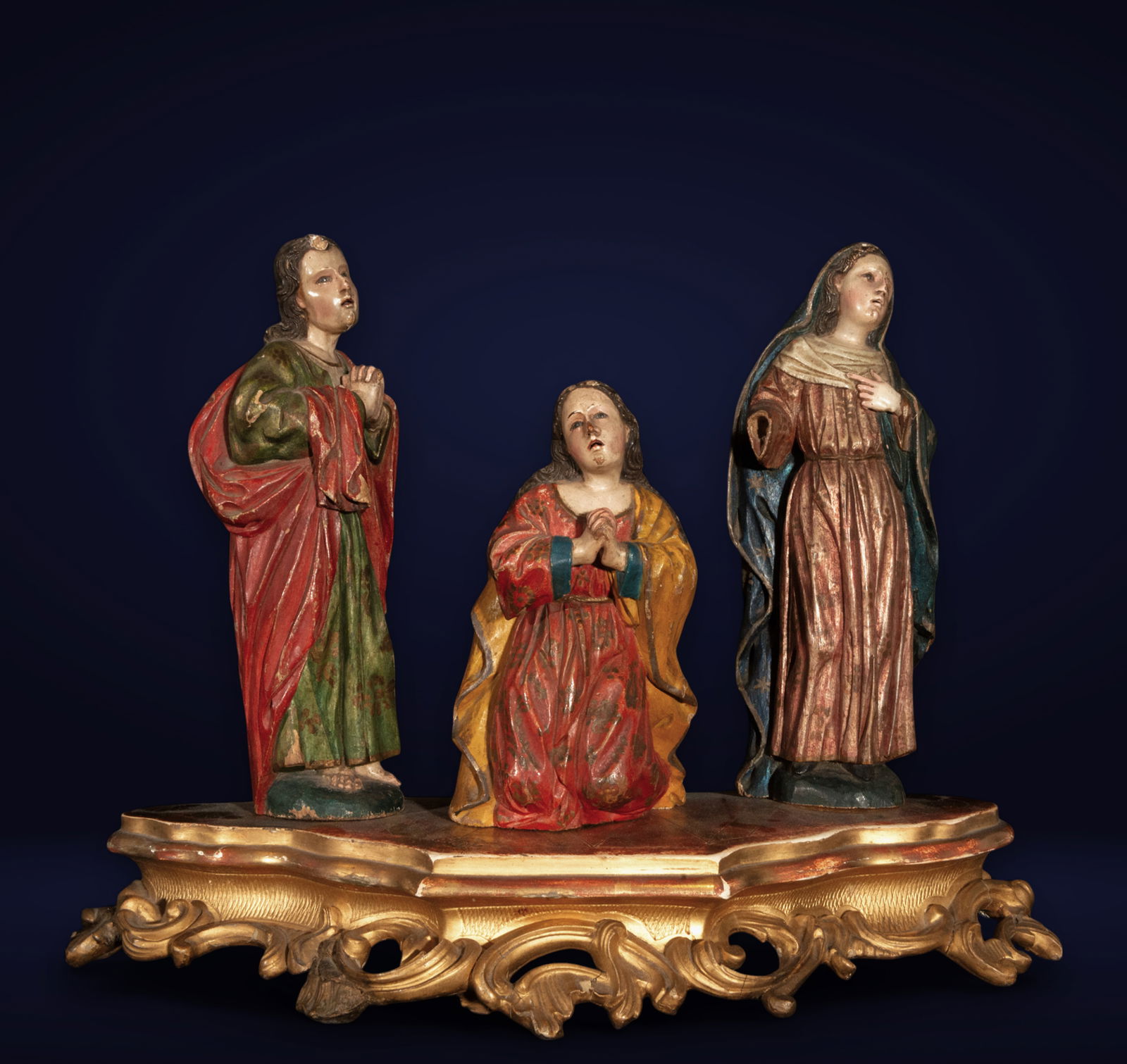 Attributed to Bernardo de Legarda, 3 figures of the Calvary, carved, polychrome and gilded wood with (1 of 15)