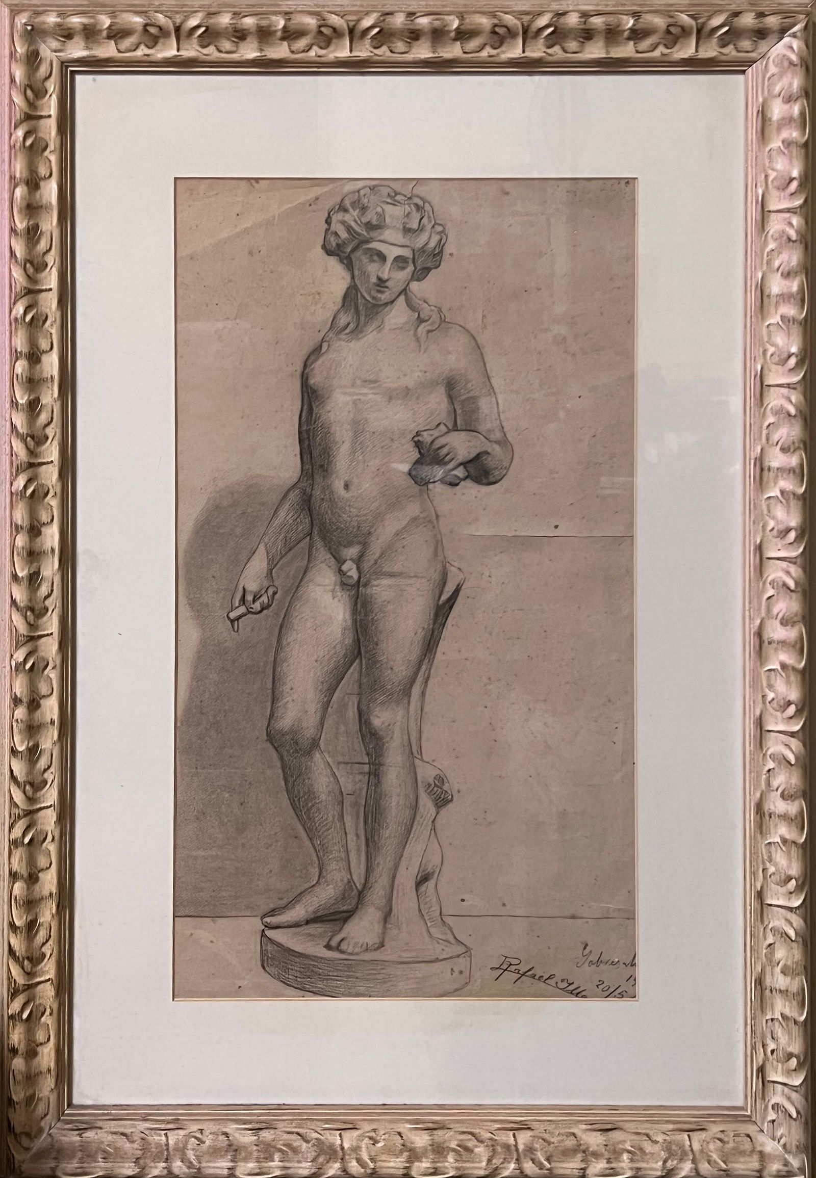 Academic Male Nude of Apollo in charcoal, signed and dated, 19th-20th century - Erotic - Erotica: Charcoal measurements: 54 x 30 cm, Framed measurements: 78 x 54 cm