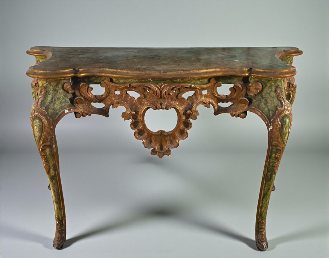 Italian Baroque console table in polychrome, gilded and marbled wood, 18th century (1 of 4)