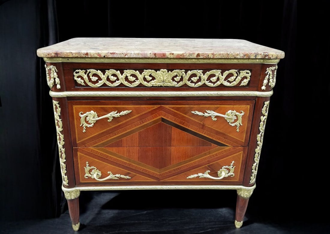 Chest of drawers in marquetry with marble top and bronze applications, 19th century (1 of 4)