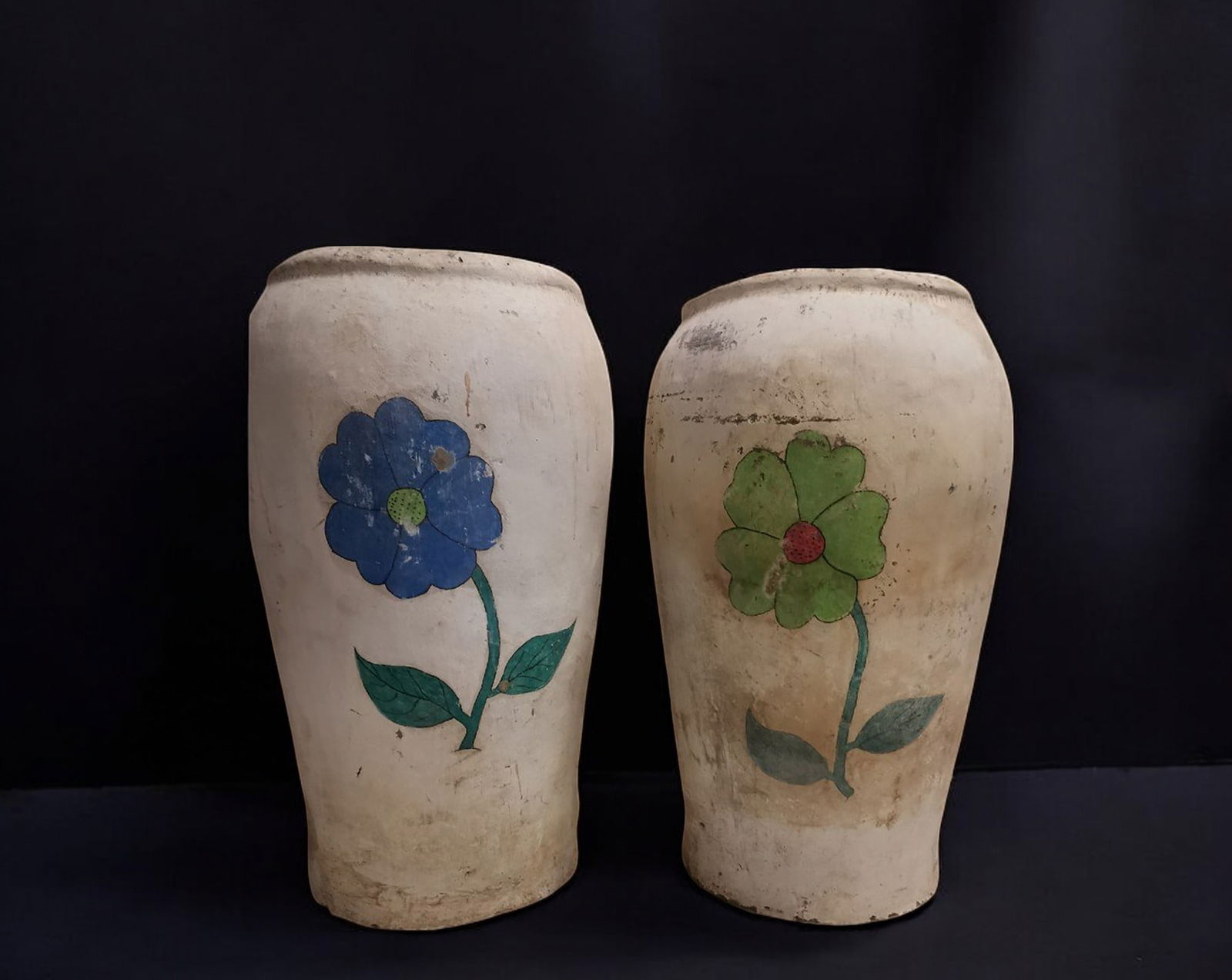 Pair of vases in fired clay with a floral design, Spain, 20th century (1 of 4)